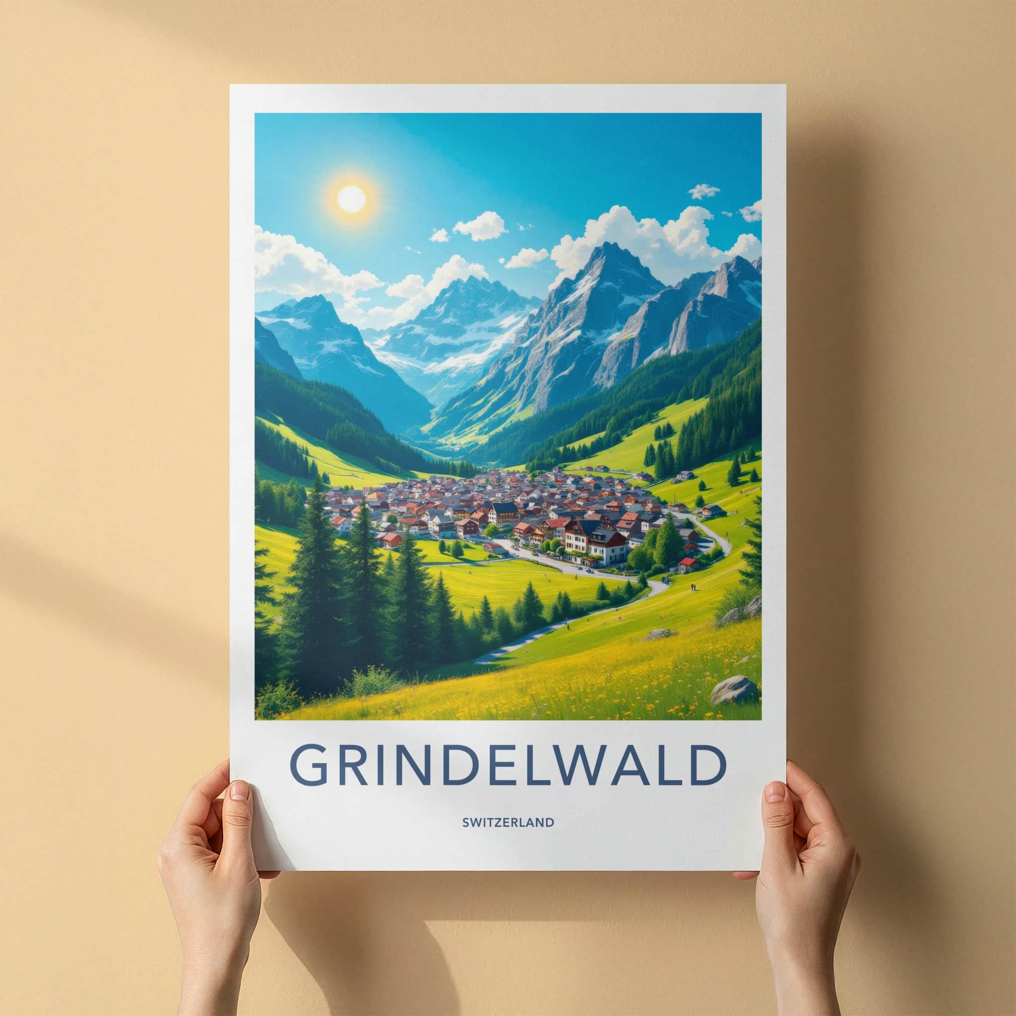 Grindelwald Poster - Switzerland Travel Art - Sunny Mountain Village Home Decor