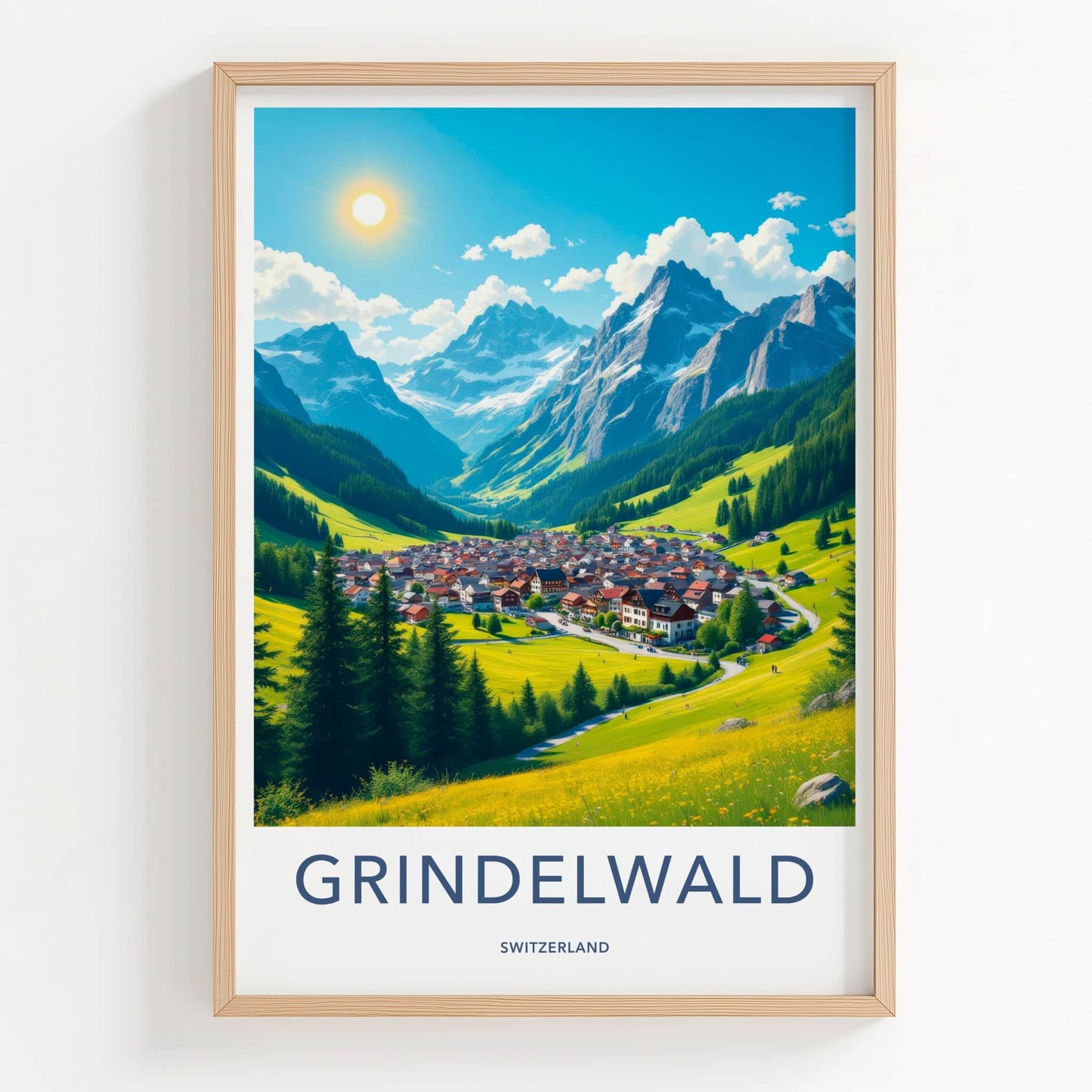 Grindelwald Poster - Switzerland Travel Art - Sunny Mountain Village Home Decor