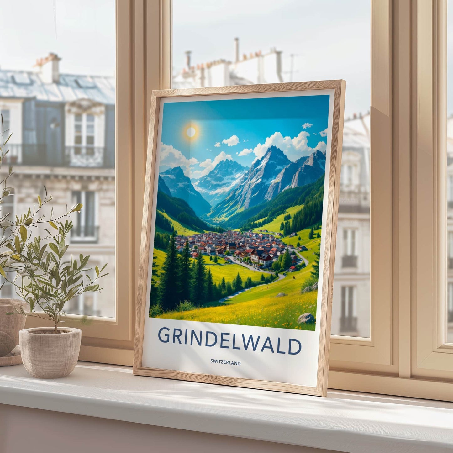 Grindelwald Poster - Switzerland Travel Art - Sunny Mountain Village Home Decor