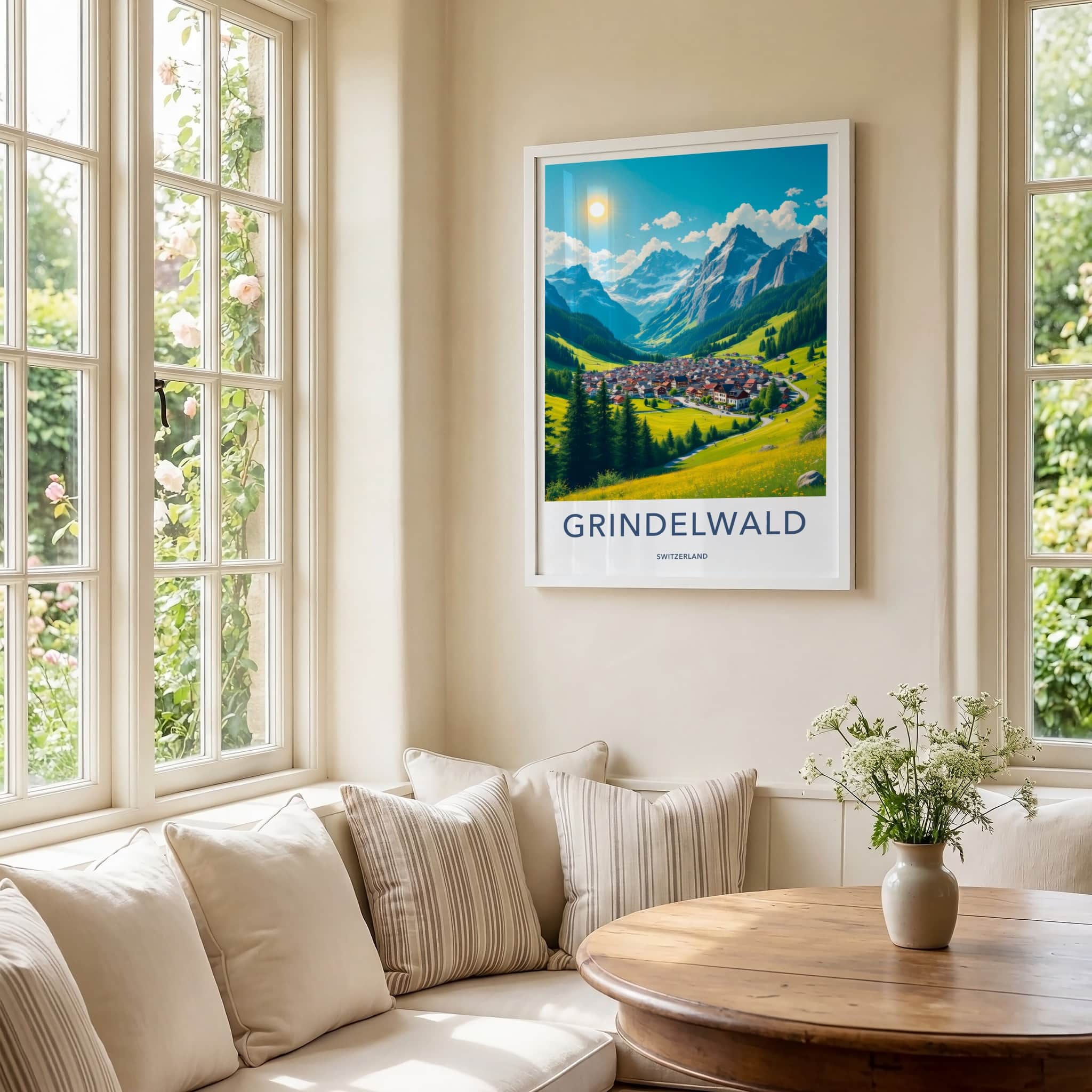 Grindelwald Poster - Switzerland Travel Art - Sunny Mountain Village Home Decor