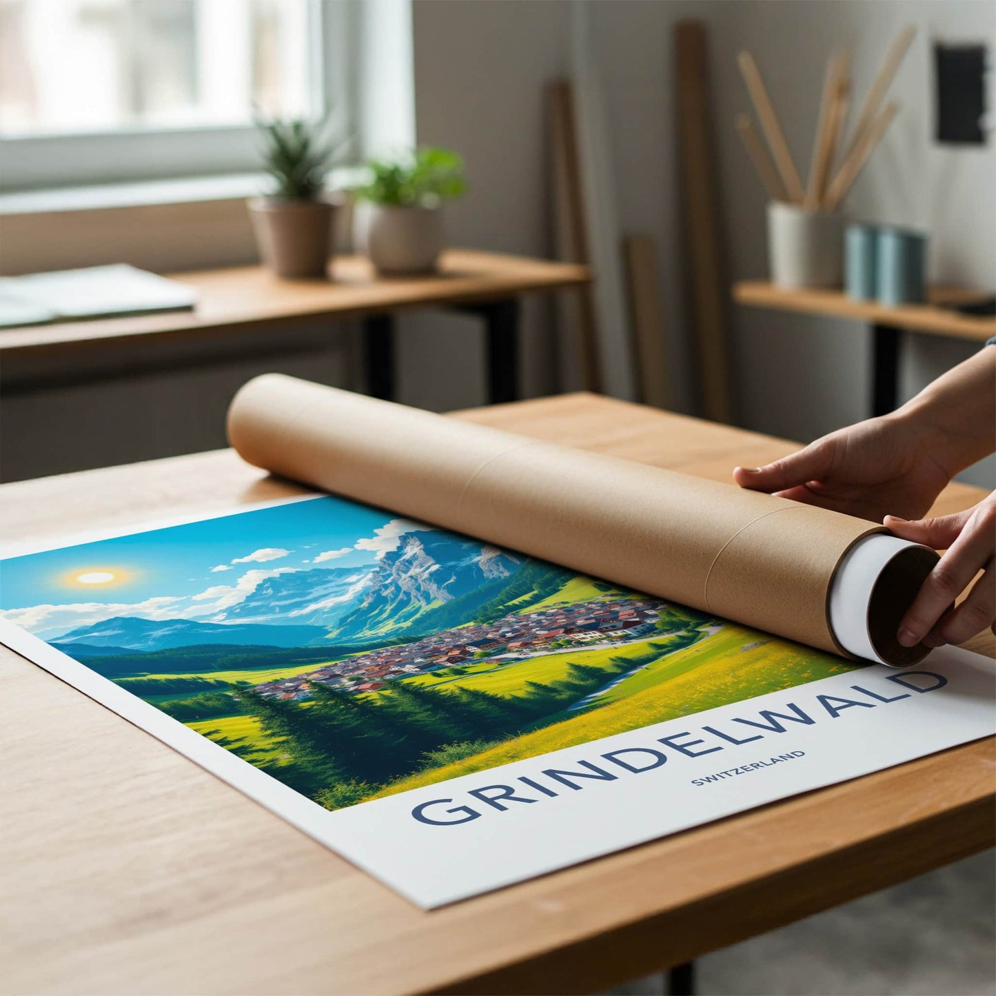 Grindelwald Poster - Switzerland Travel Art - Sunny Mountain Village Home Decor