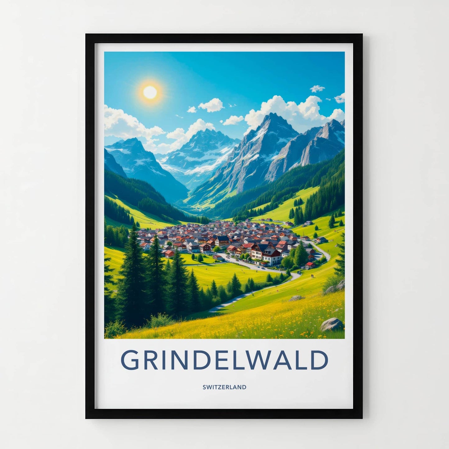 Grindelwald Poster - Switzerland Travel Art - Sunny Mountain Village Home Decor