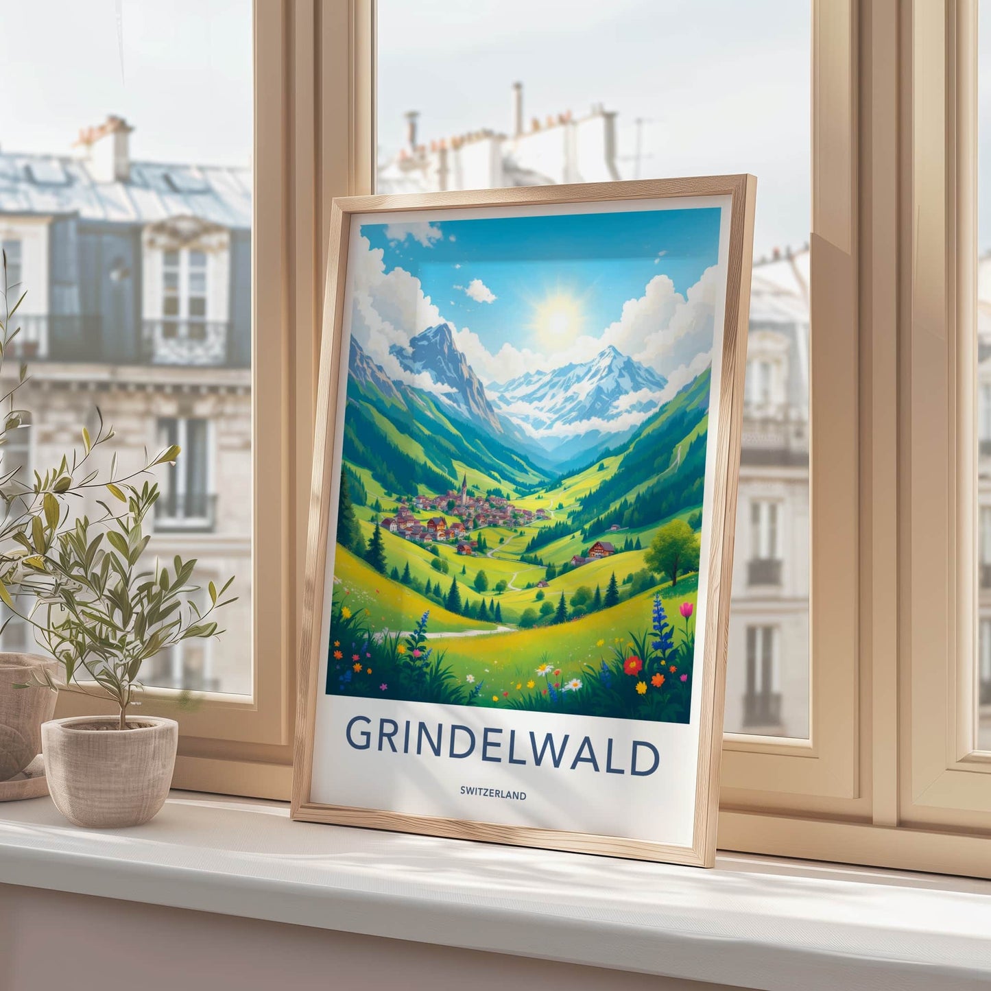Grindelwald Poster - Switzerland Travel Art - Sunny Mountain Village Home Decor