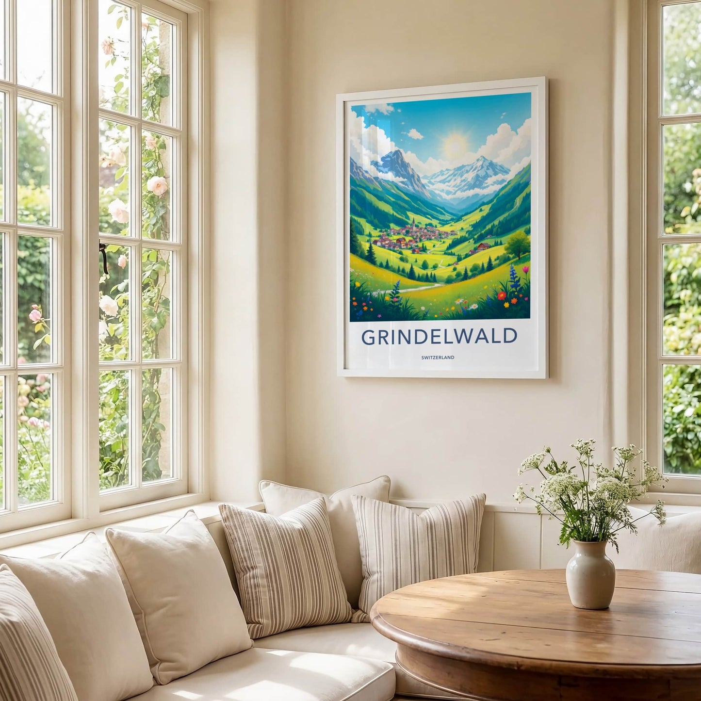 Grindelwald Poster - Switzerland Travel Art - Sunny Mountain Village Home Decor