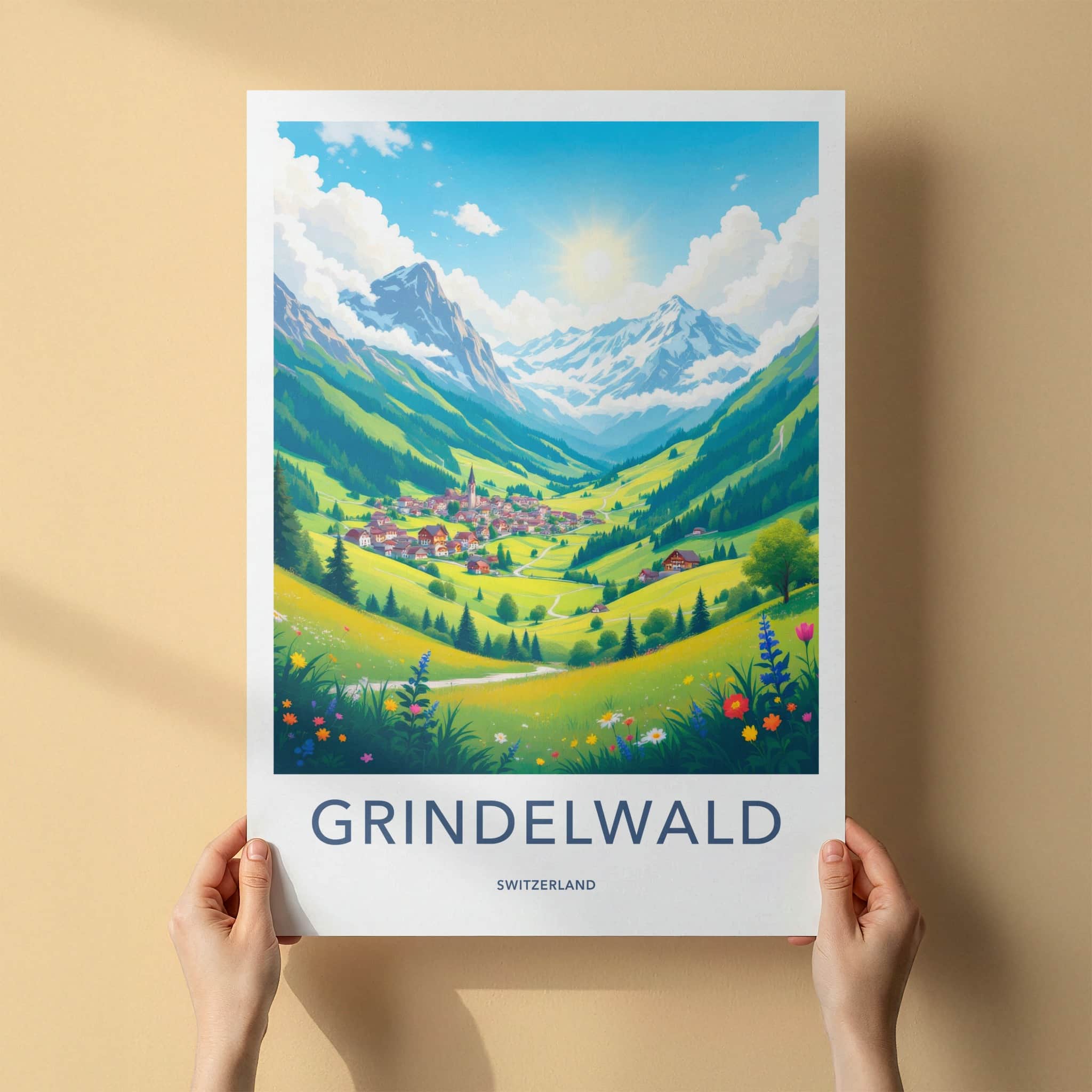 Grindelwald Poster - Switzerland Travel Art - Sunny Mountain Village Home Decor