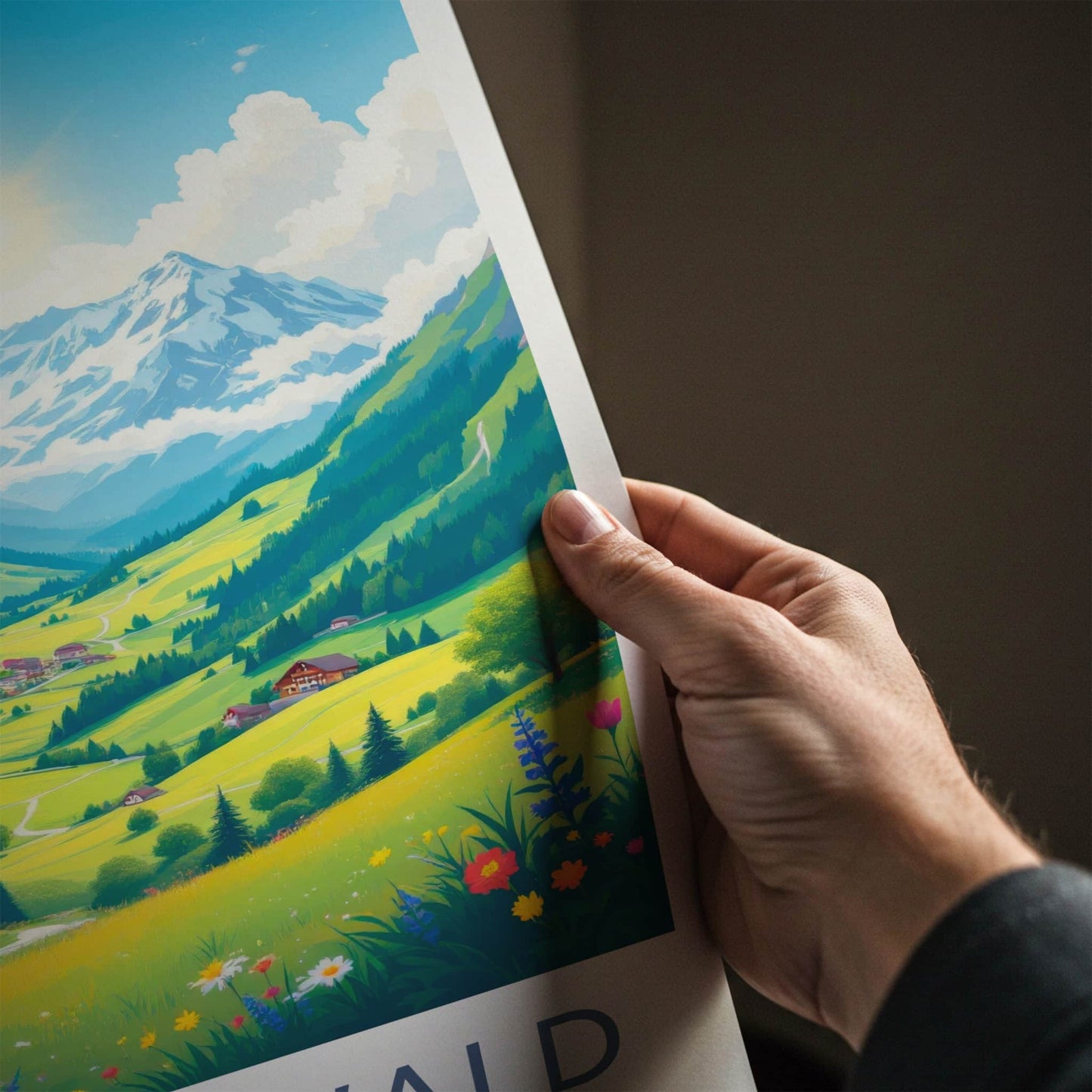 Grindelwald Poster - Switzerland Travel Art - Sunny Mountain Village Home Decor