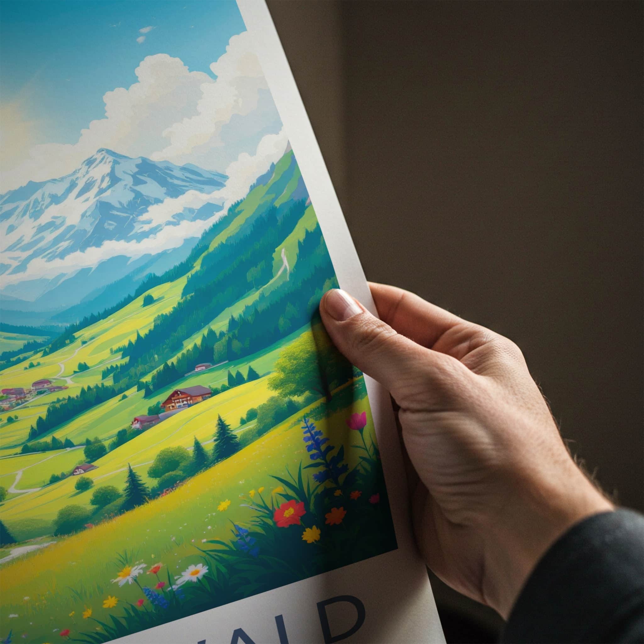 Grindelwald Poster - Switzerland Travel Art - Sunny Mountain Village Home Decor