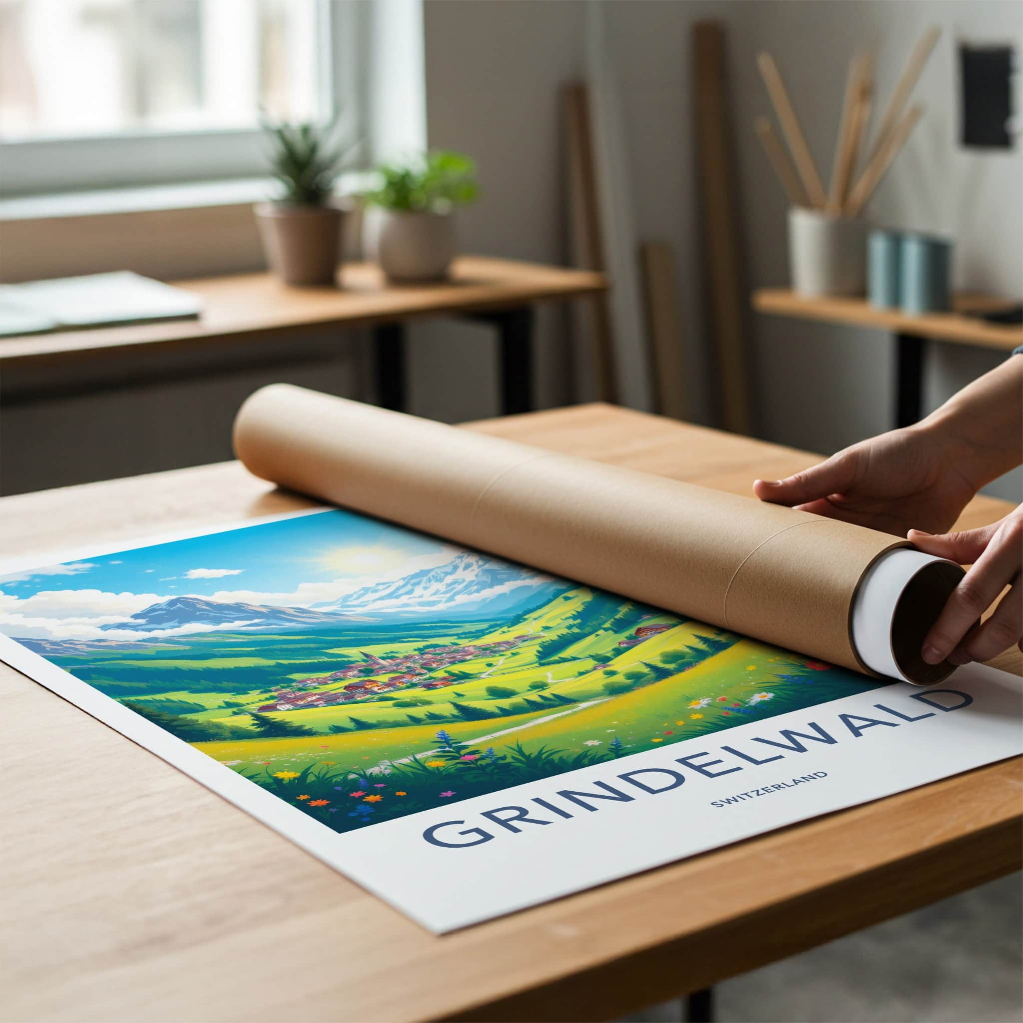 Grindelwald Poster - Switzerland Travel Art - Sunny Mountain Village Home Decor