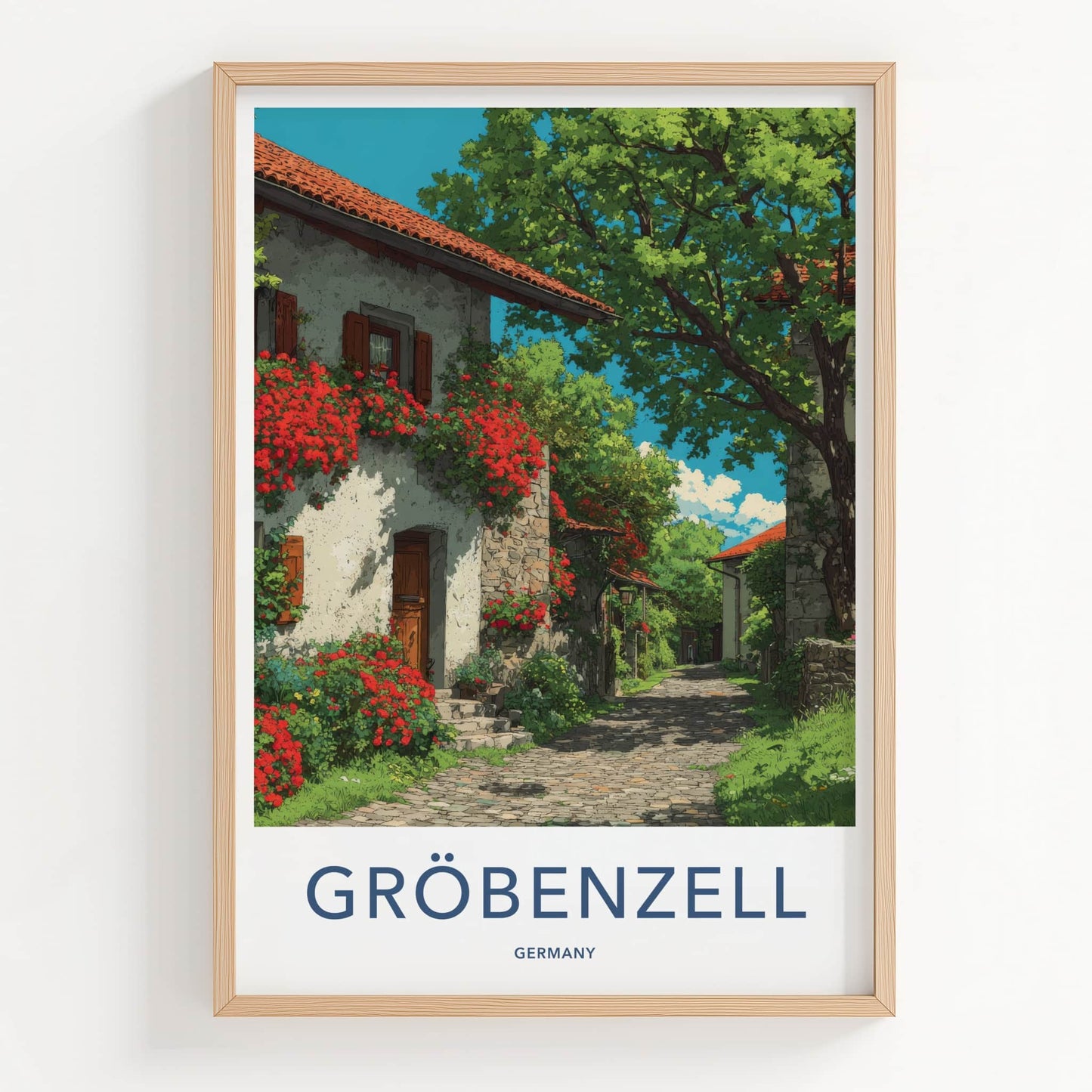 Grobenzell Poster - Germany Travel Art - Flowering Building Cobblestone Gallery Art