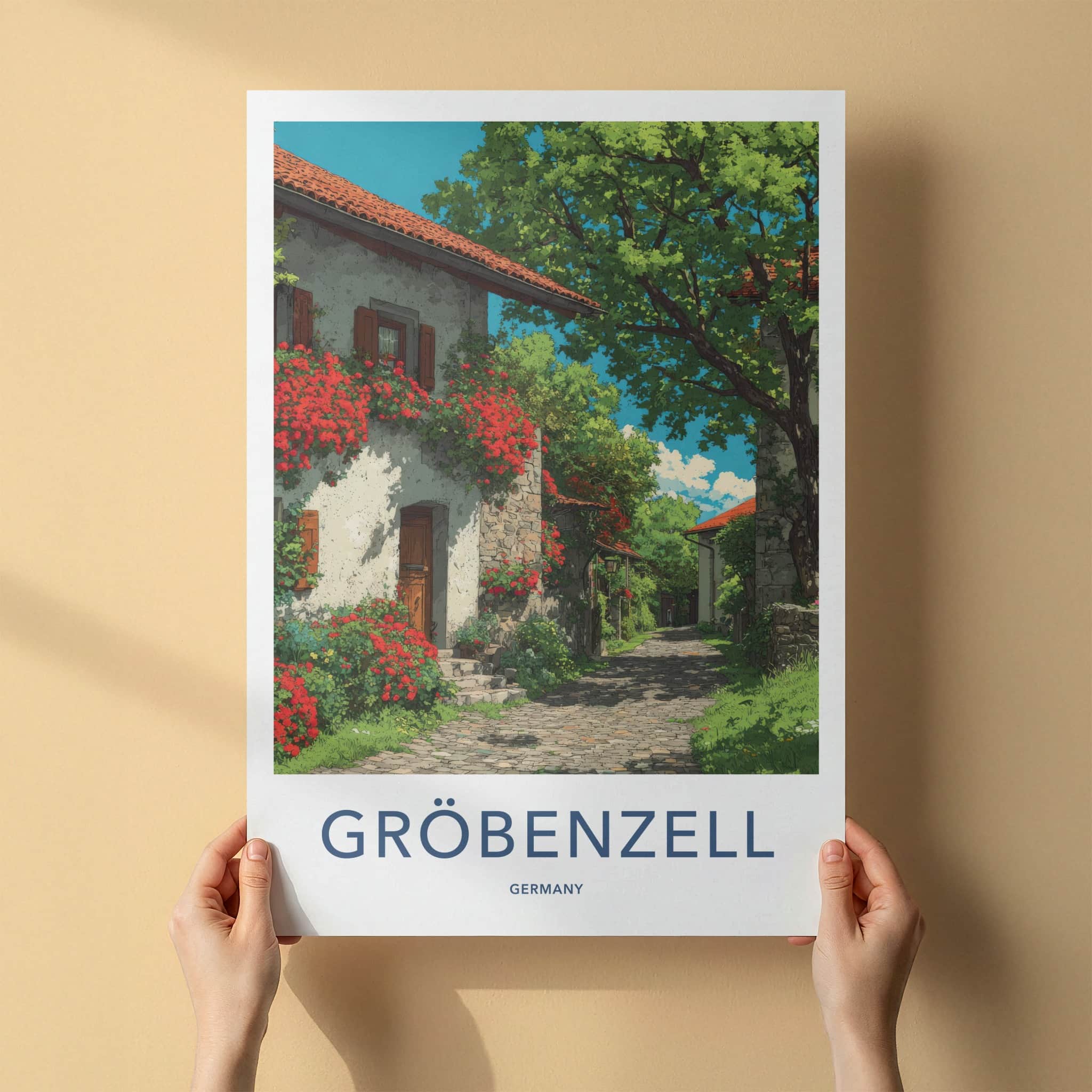 Grobenzell Poster - Germany Travel Art - Flowering Building Cobblestone Gallery Art