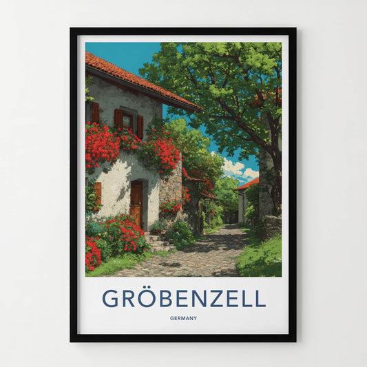 Grobenzell Poster - Germany Travel Art - Flowering Building Cobblestone Gallery Art