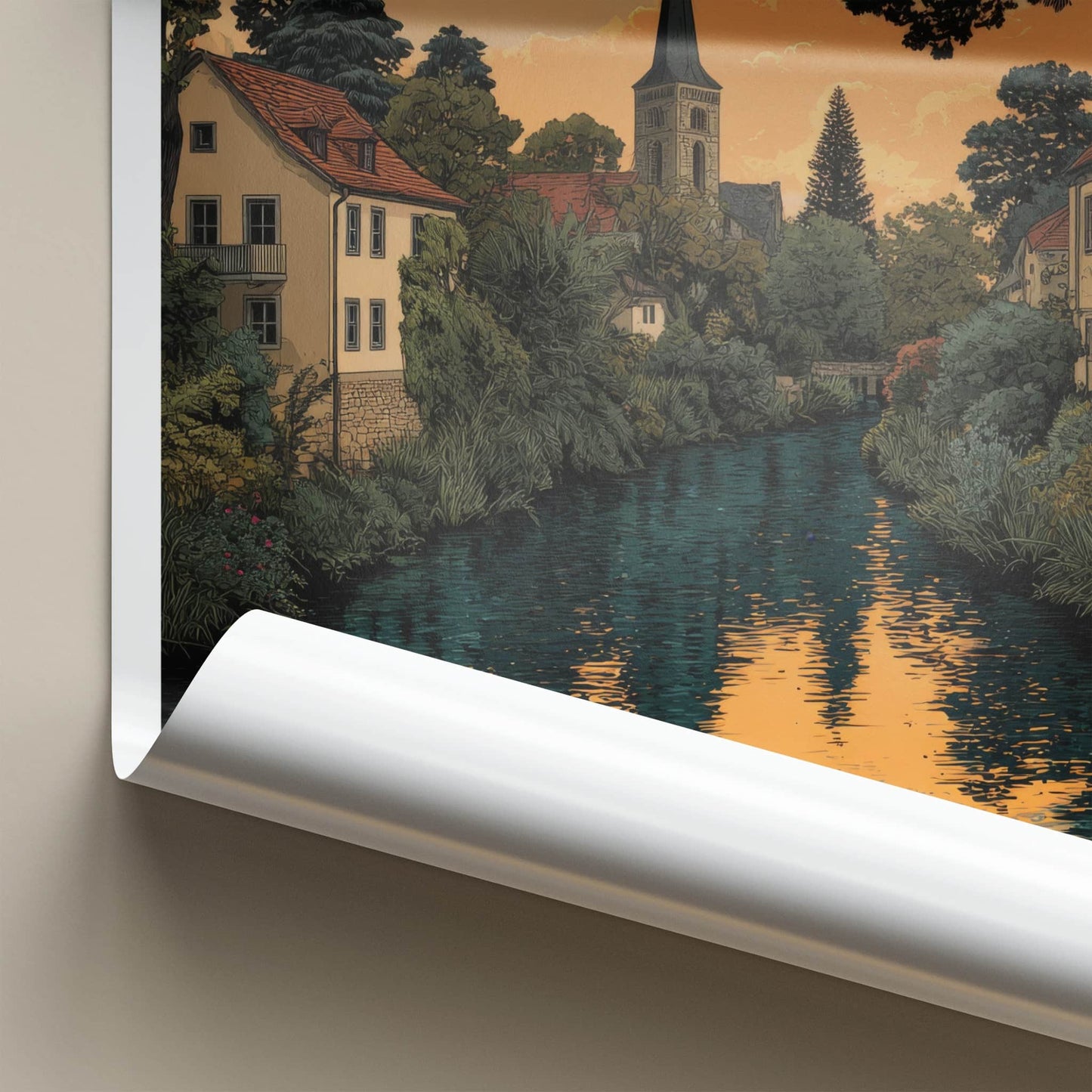 Groebenzell Poster - Germany Travel Art - Riverside Church Sunset Wall Decor