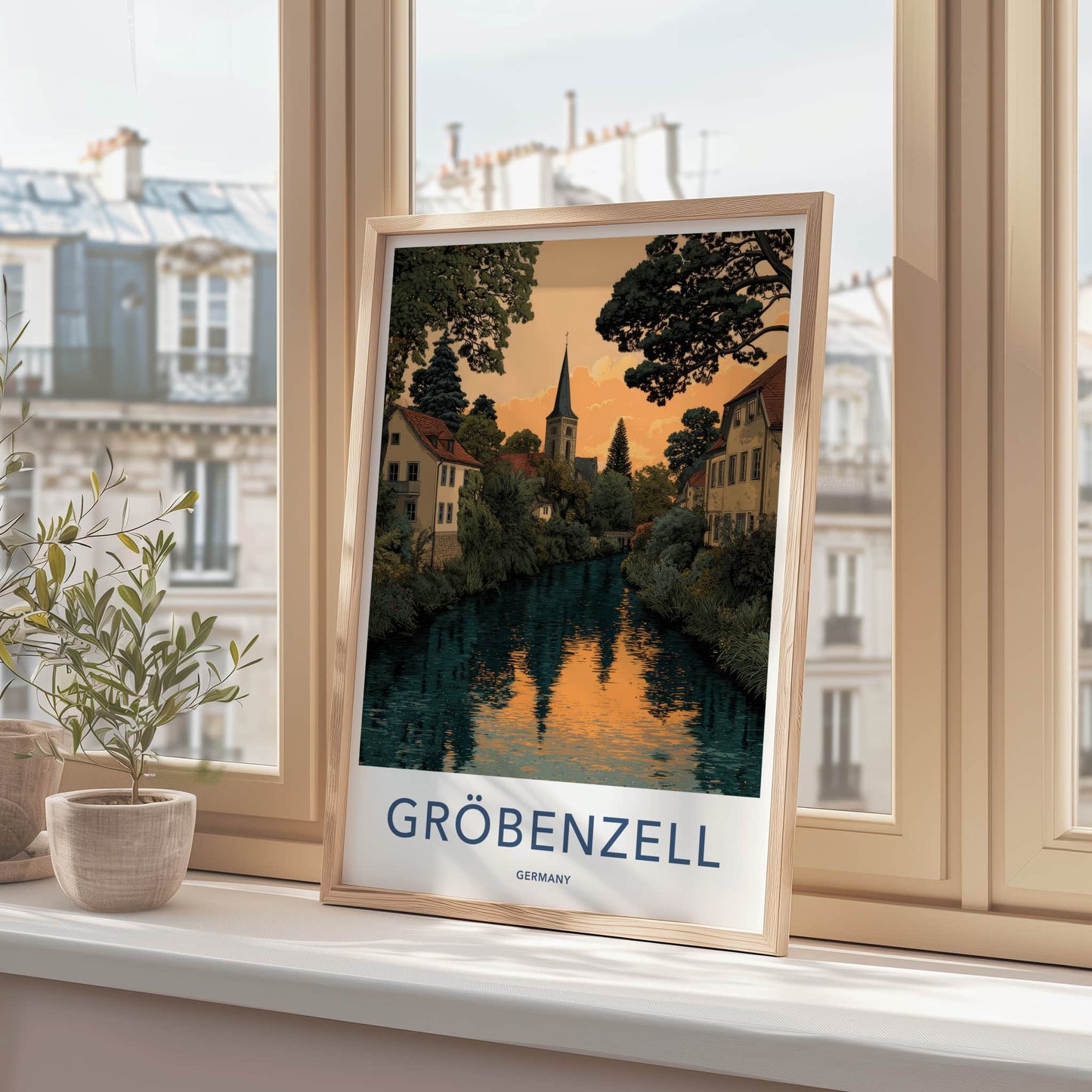 Groebenzell Poster - Germany Travel Art - Riverside Church Sunset Wall Decor