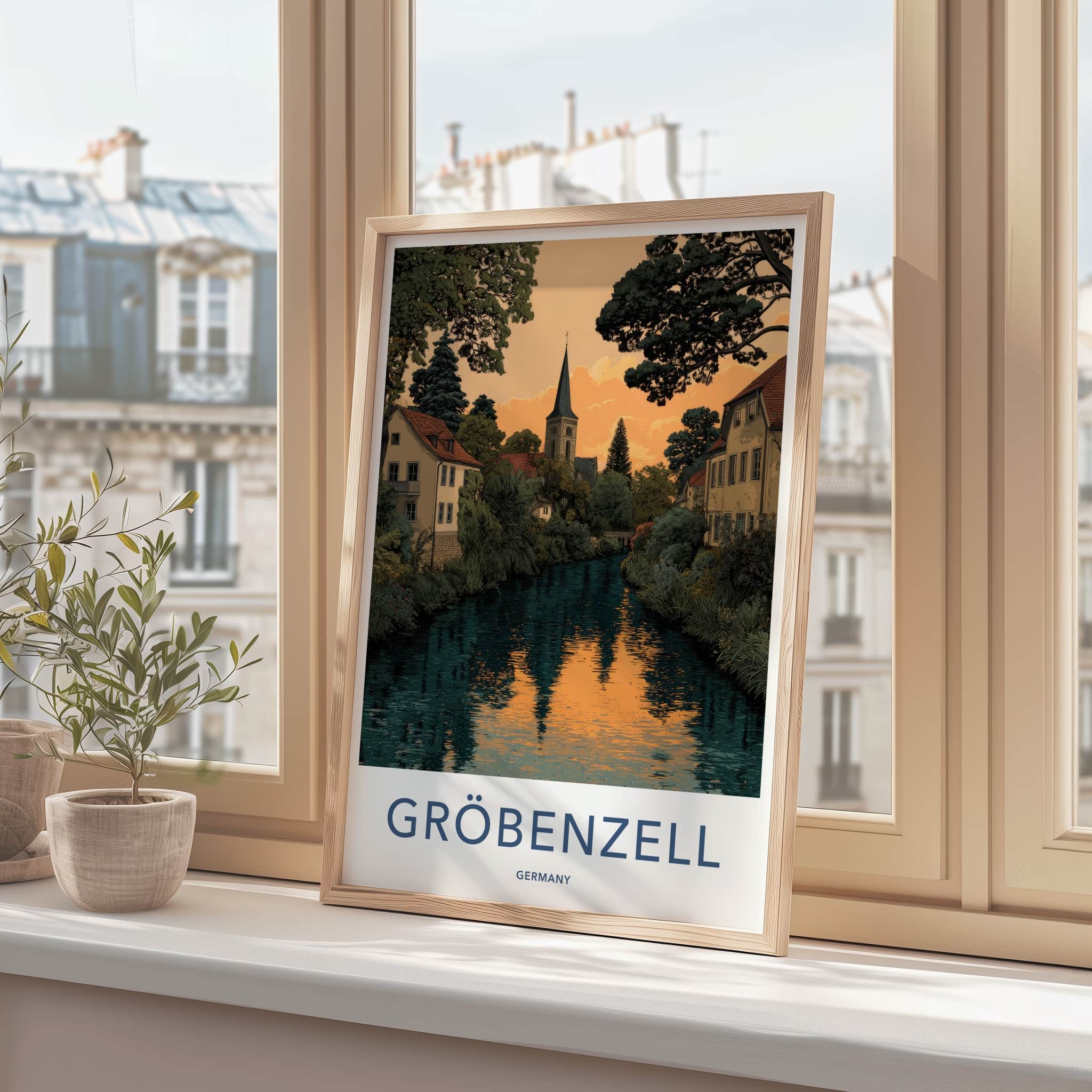 Groebenzell Poster - Germany Travel Art - Riverside Church Sunset Wall Decor