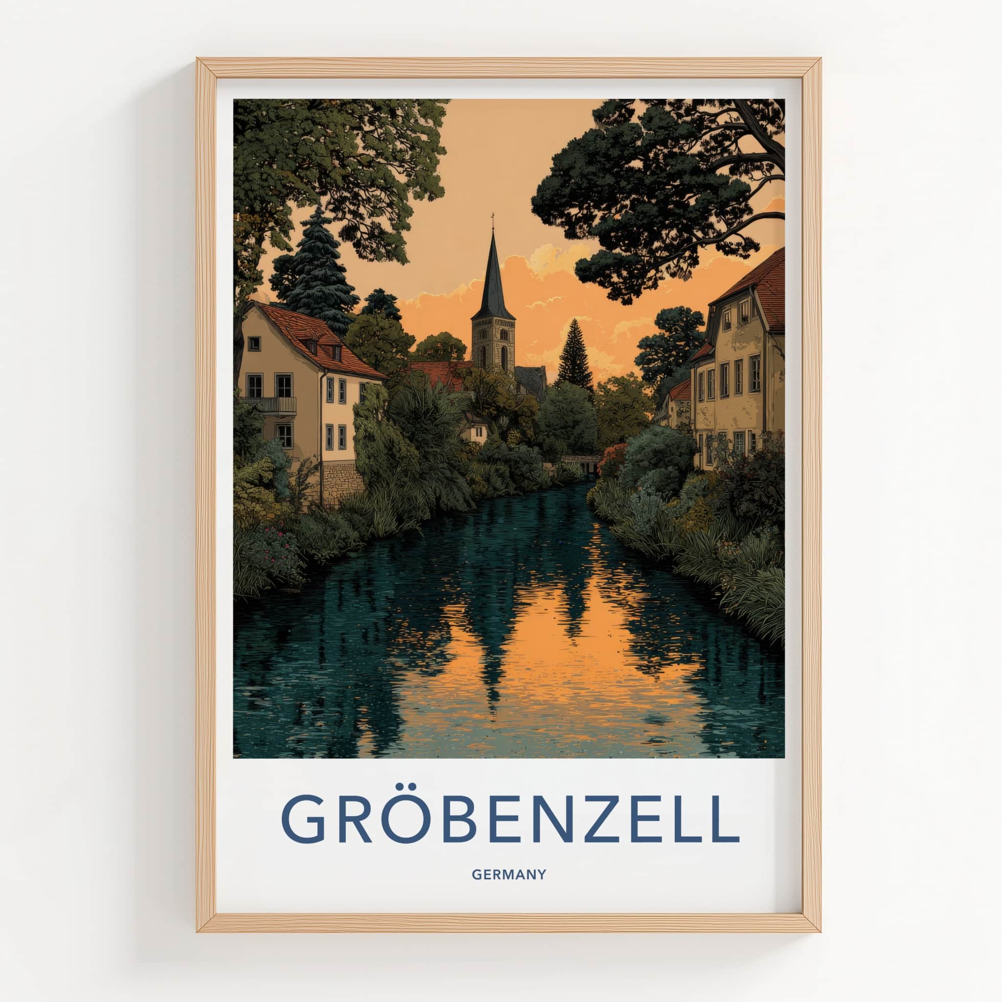 Groebenzell Poster - Germany Travel Art - Riverside Church Sunset Wall Decor