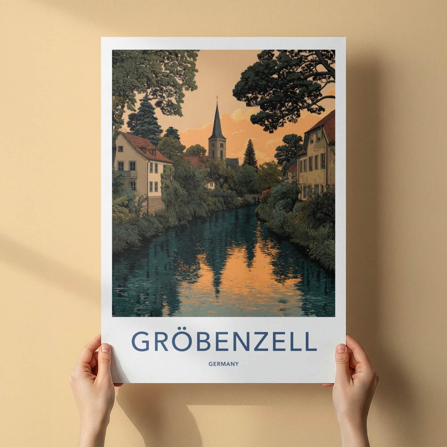 Groebenzell Poster - Germany Travel Art - Riverside Church Sunset Wall Decor
