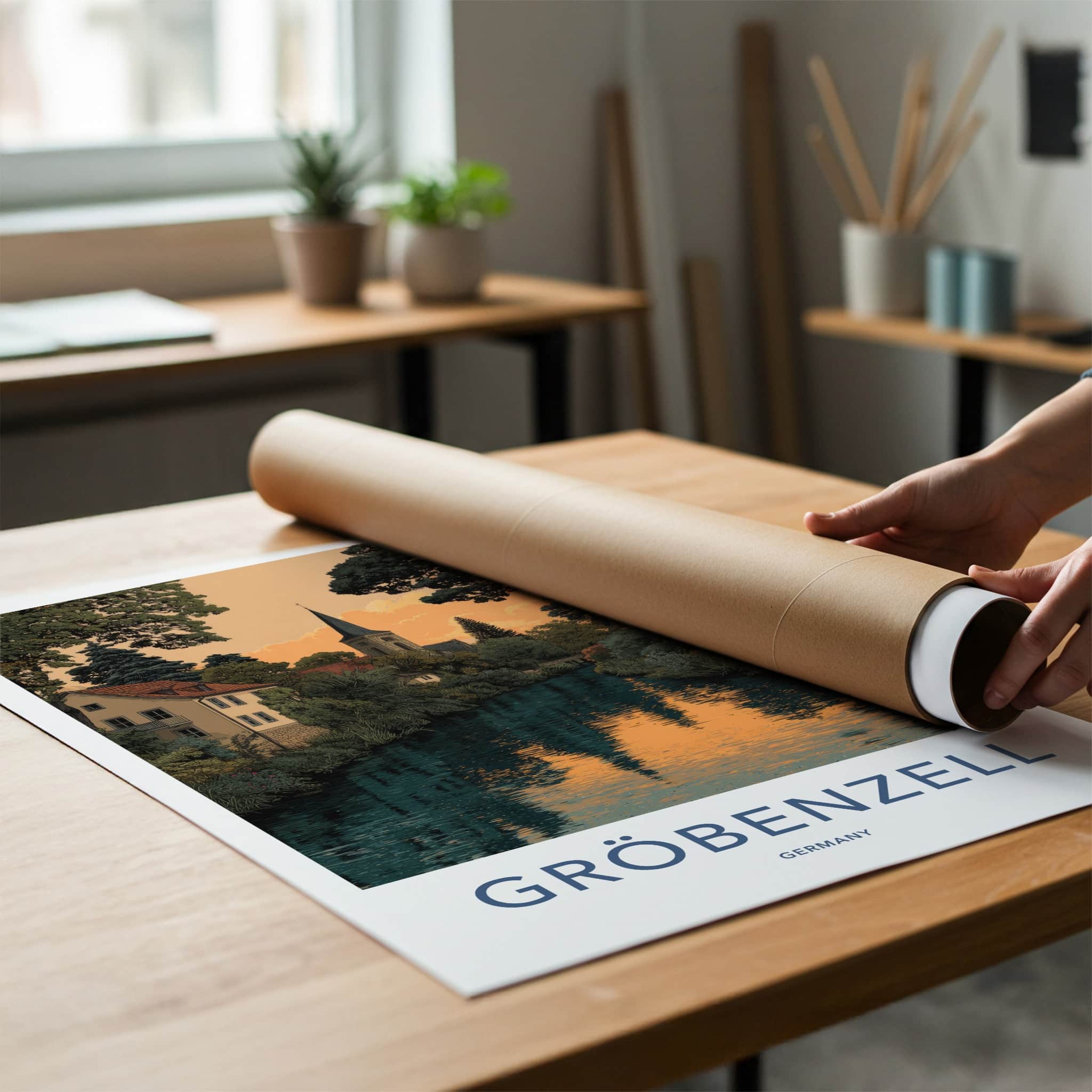 Groebenzell Poster - Germany Travel Art - Riverside Church Sunset Wall Decor