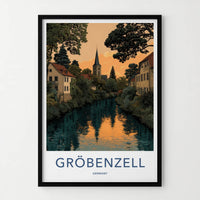 Groebenzell Poster - Germany Travel Art - Riverside Church Sunset Wall Decor