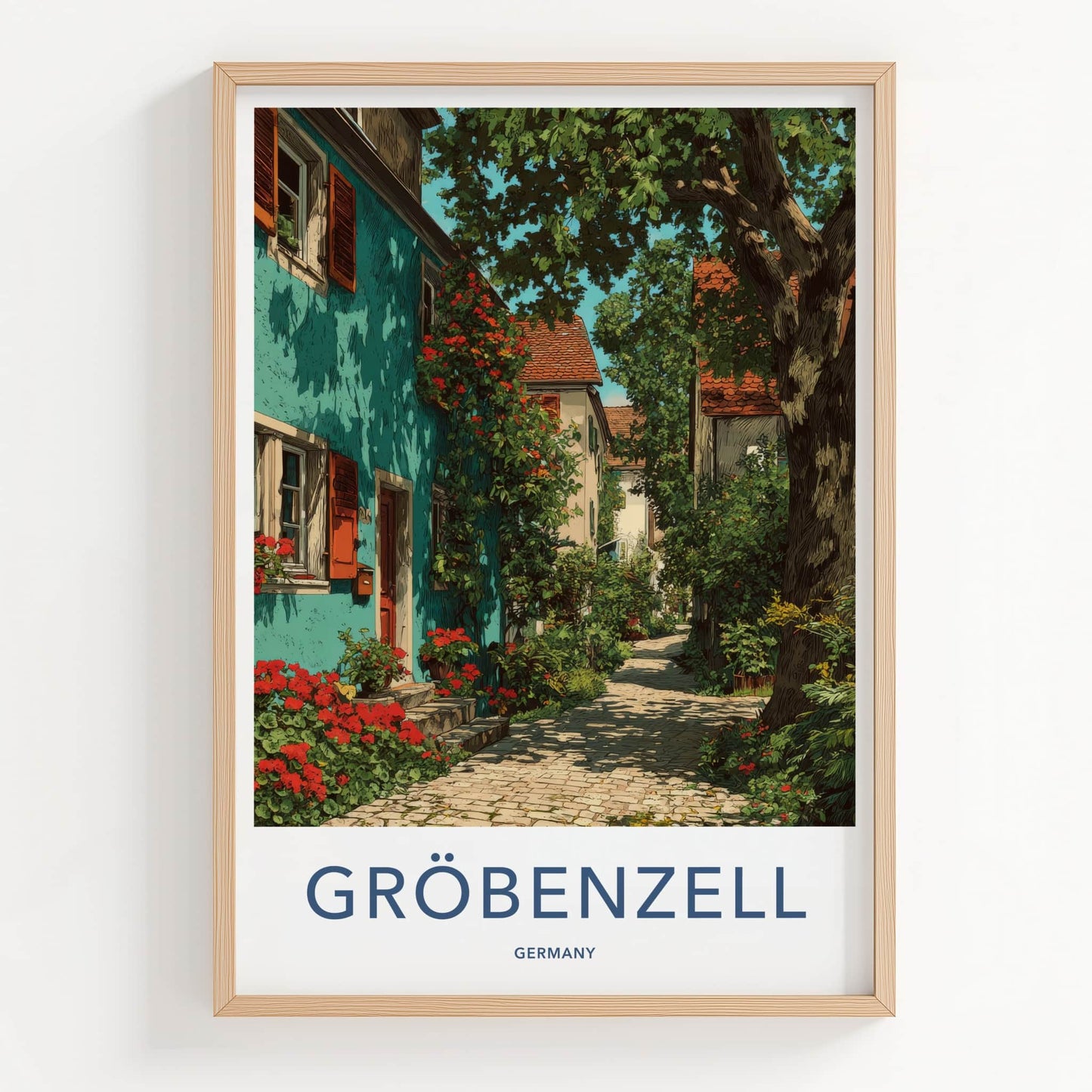Groebenzell Poster - Germany Travel Art - Shaded Cobblestone Alley Home Decor