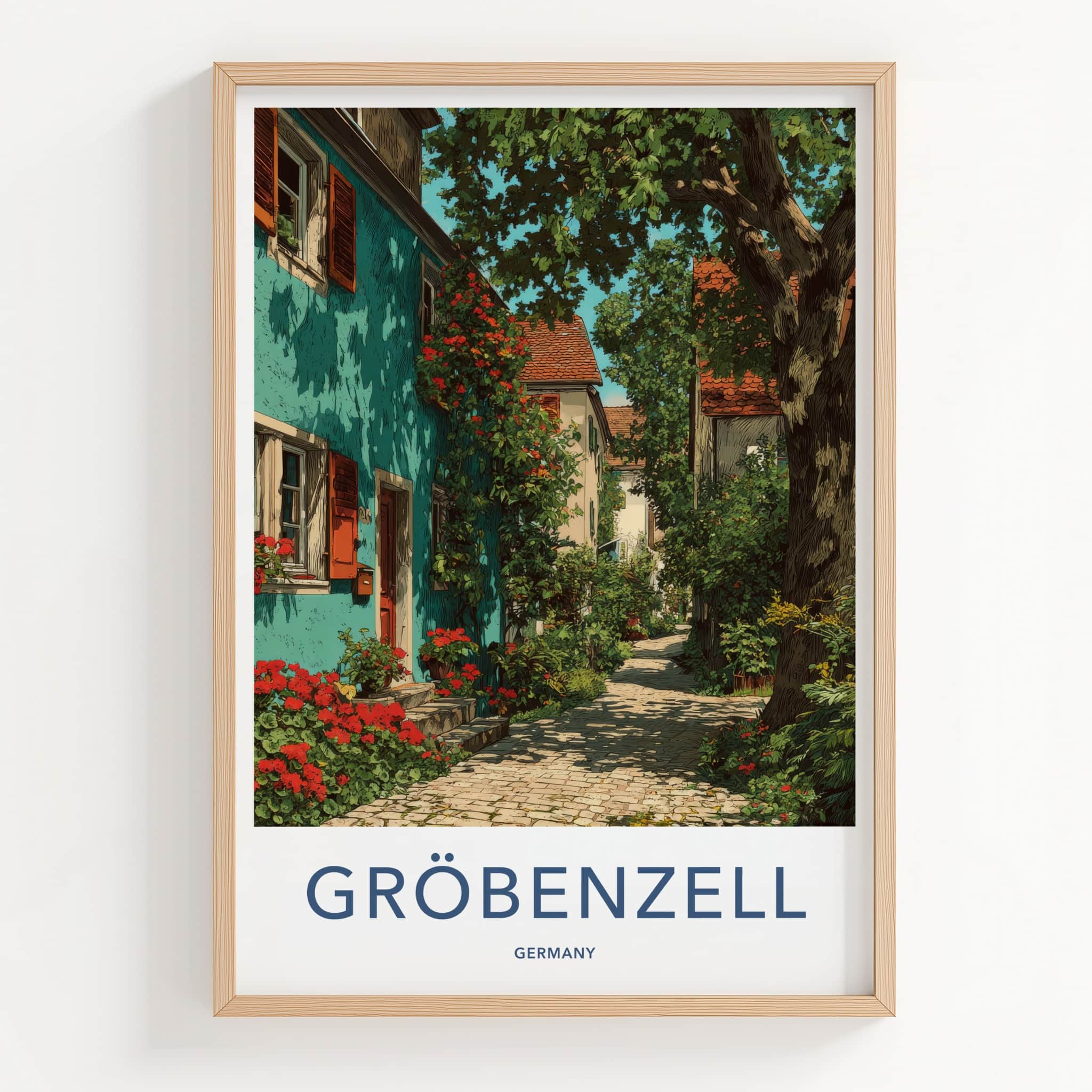 Groebenzell Poster - Germany Travel Art - Shaded Cobblestone Alley Home Decor