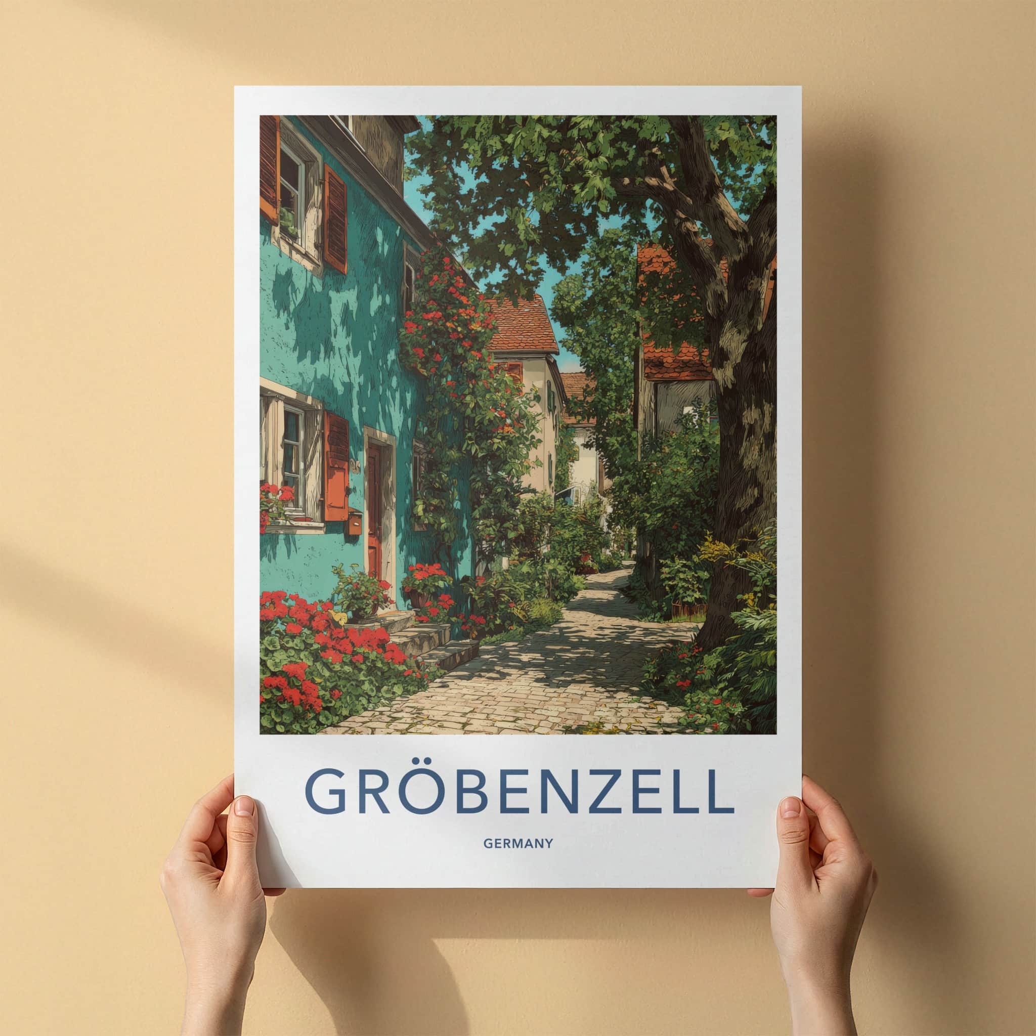 Groebenzell Poster - Germany Travel Art - Shaded Cobblestone Alley Home Decor