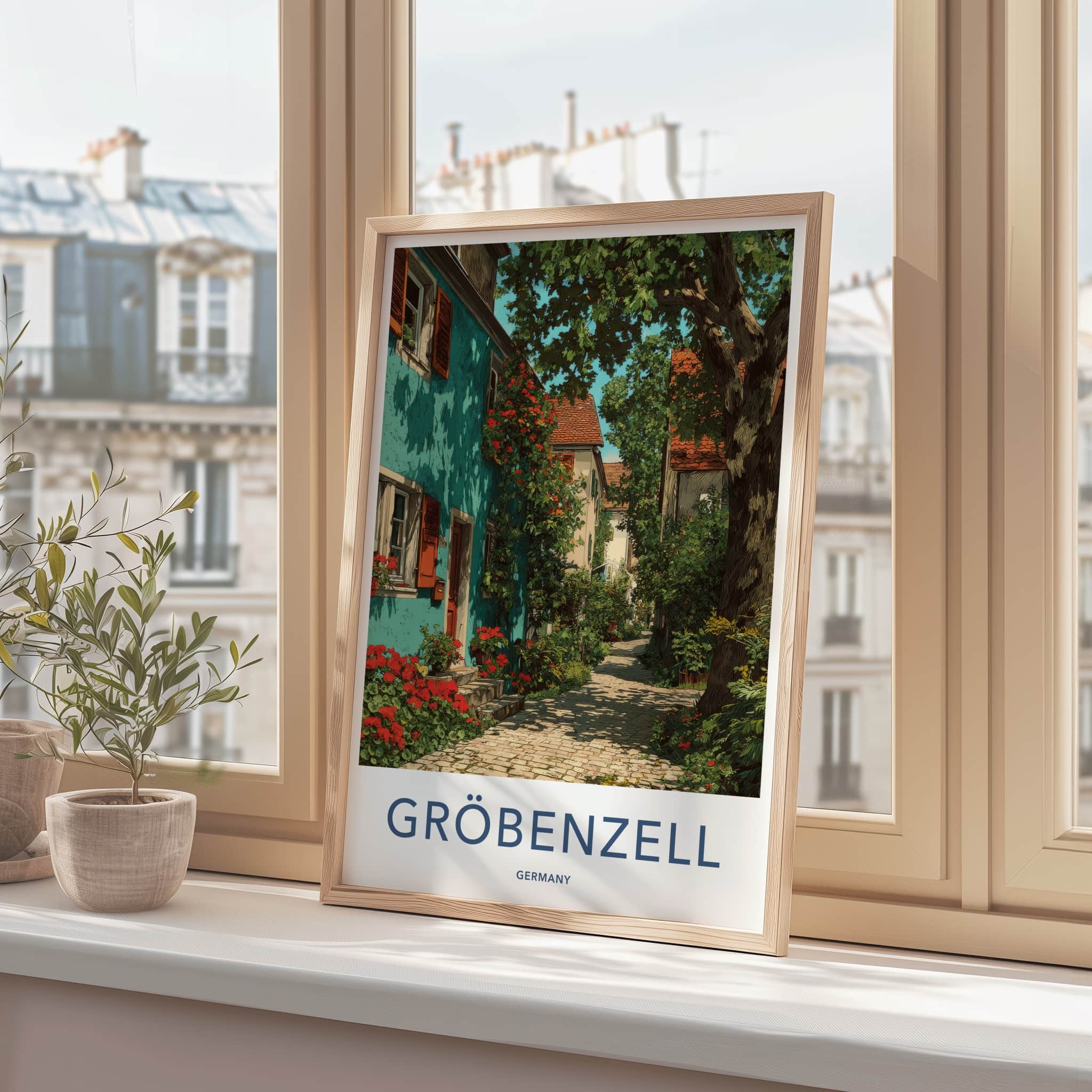 Groebenzell Poster - Germany Travel Art - Shaded Cobblestone Alley Home Decor
