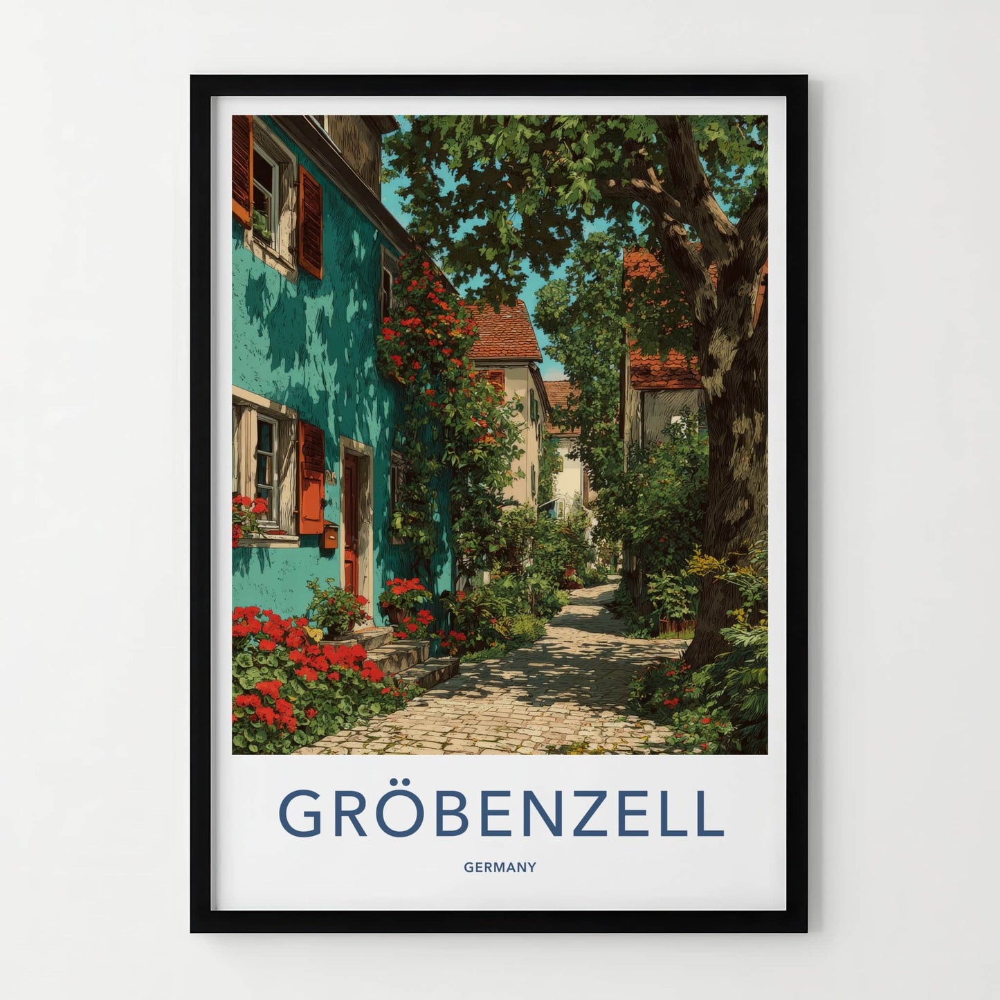 Groebenzell Poster - Germany Travel Art - Shaded Cobblestone Alley Home Decor