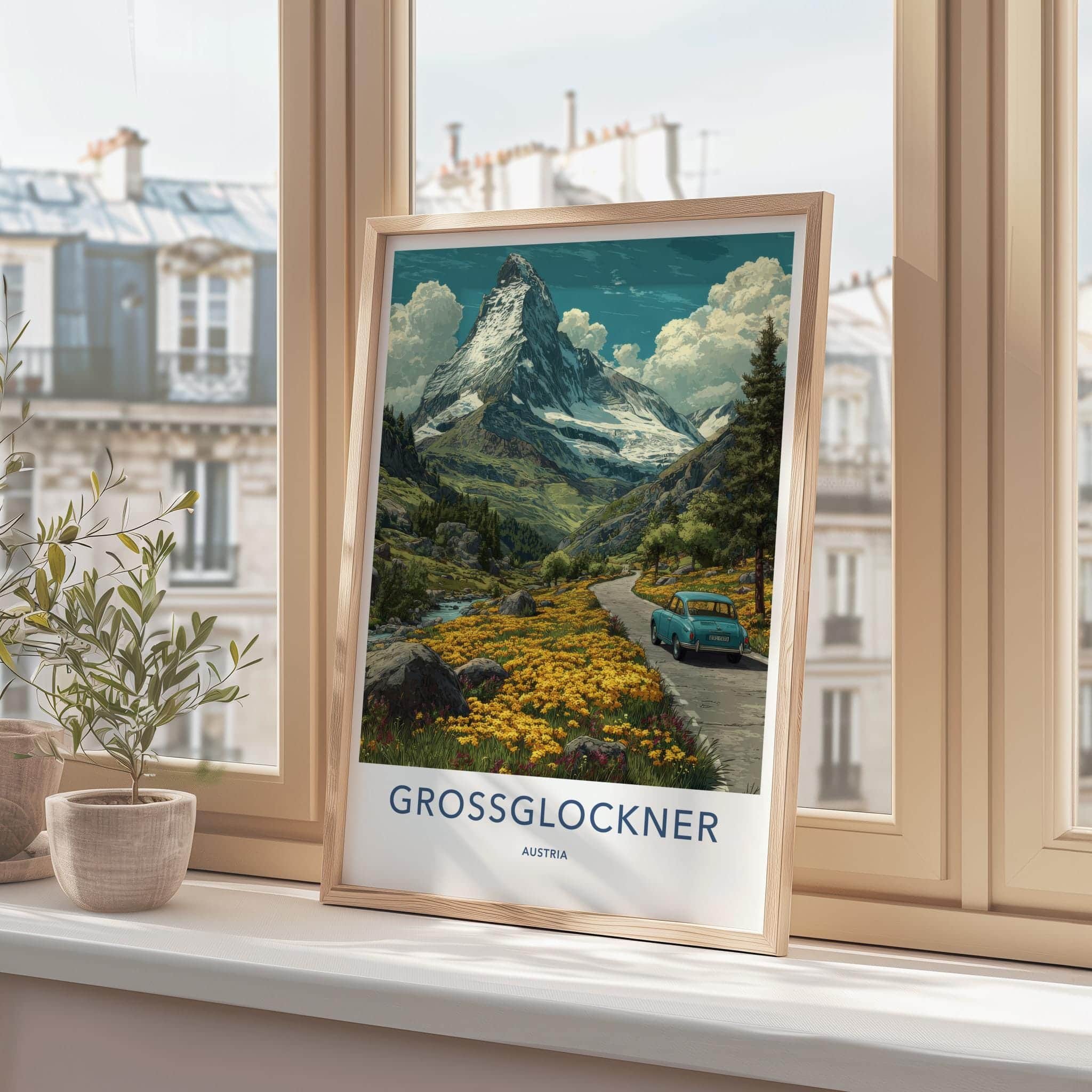 Grossglockner Poster - Austria Travel Art - Alpine Car Flower Field Wall Decor
