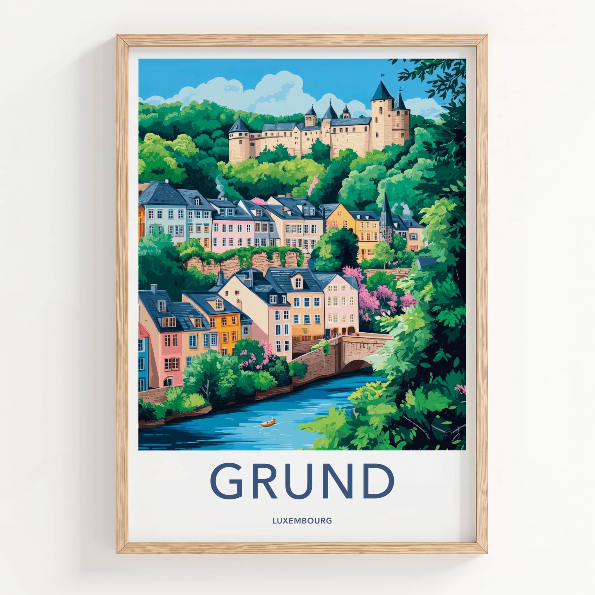 Grund Poster - Luxembourg Travel Art - Colorful Riverfront Castle Home Decor