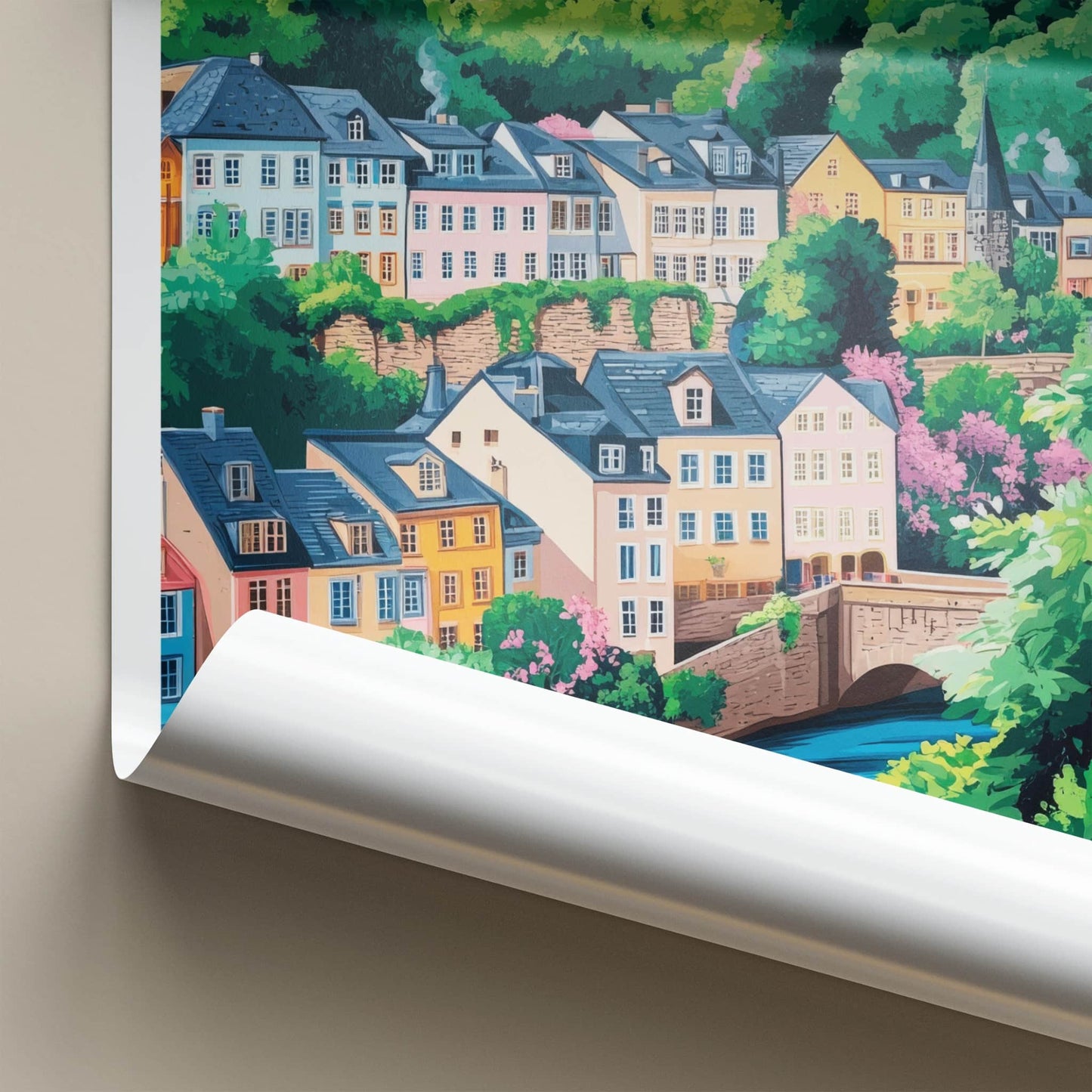 Grund Poster - Luxembourg Travel Art - Colorful Riverfront Castle Home Decor