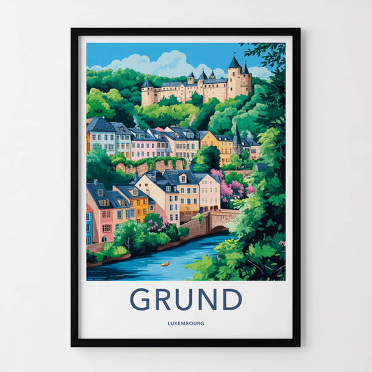 Grund Poster - Luxembourg Travel Art - Colorful Riverfront Castle Home Decor
