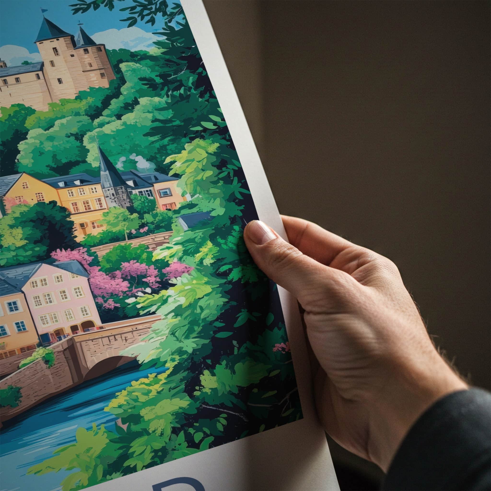 Grund Poster - Luxembourg Travel Art - Colorful Riverfront Castle Home Decor