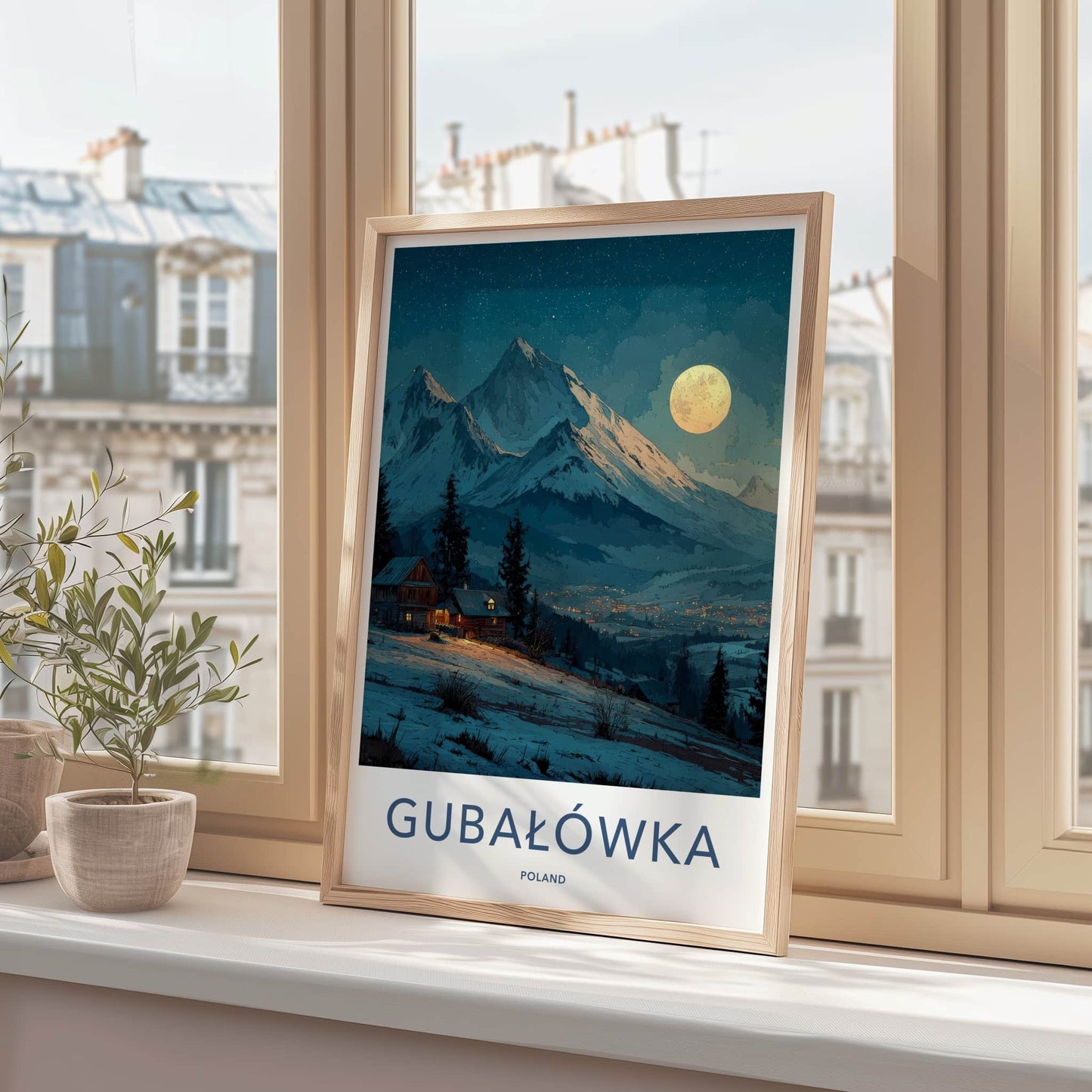 Gubalowka Poster - Poland Travel Art - Moonlit Snowy Village Home Decor