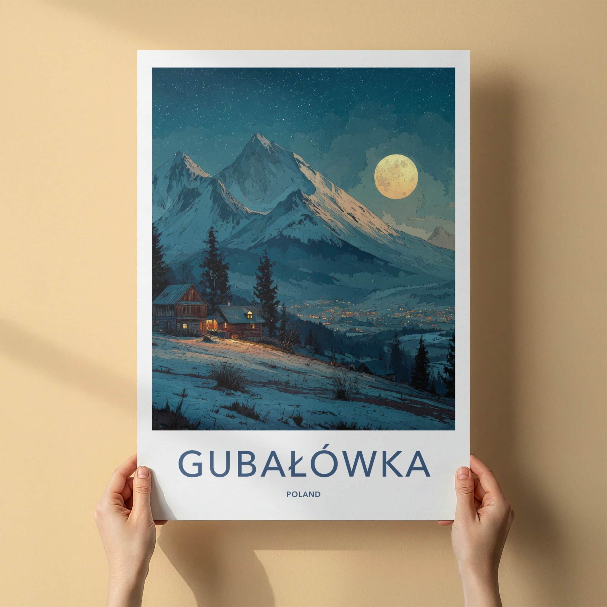 Gubalowka Poster - Poland Travel Art - Moonlit Snowy Village Home Decor