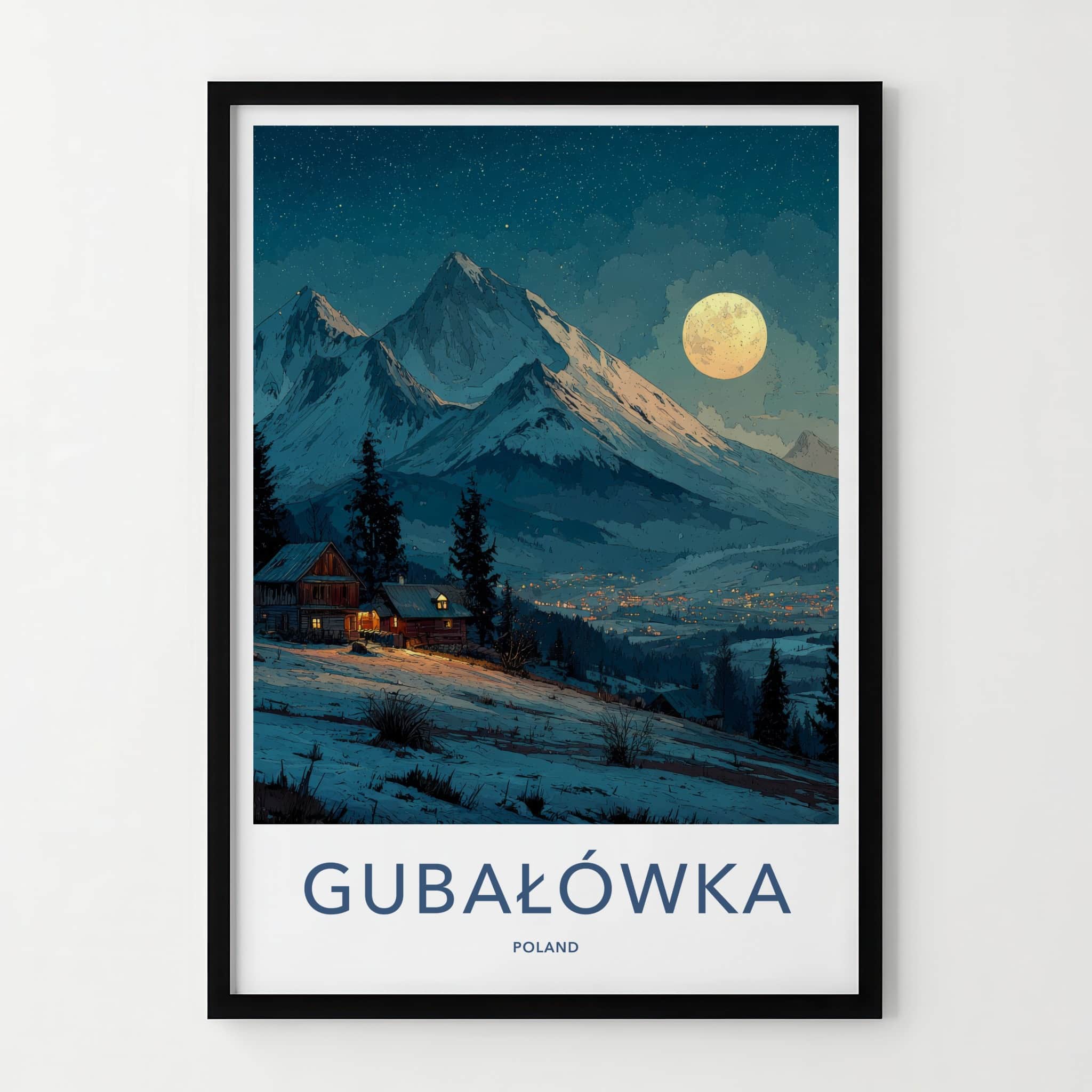 Gubalowka Poster - Poland Travel Art - Moonlit Snowy Village Home Decor