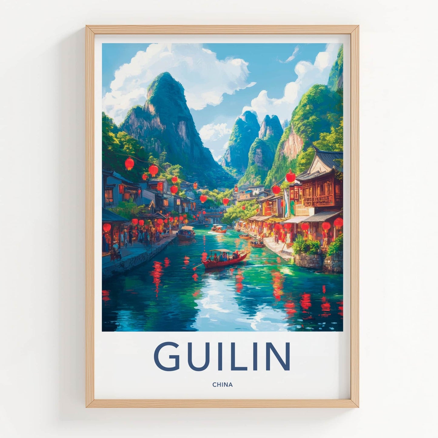 Guilin Poster - China Travel Art - Lanterns River Town Home Decor