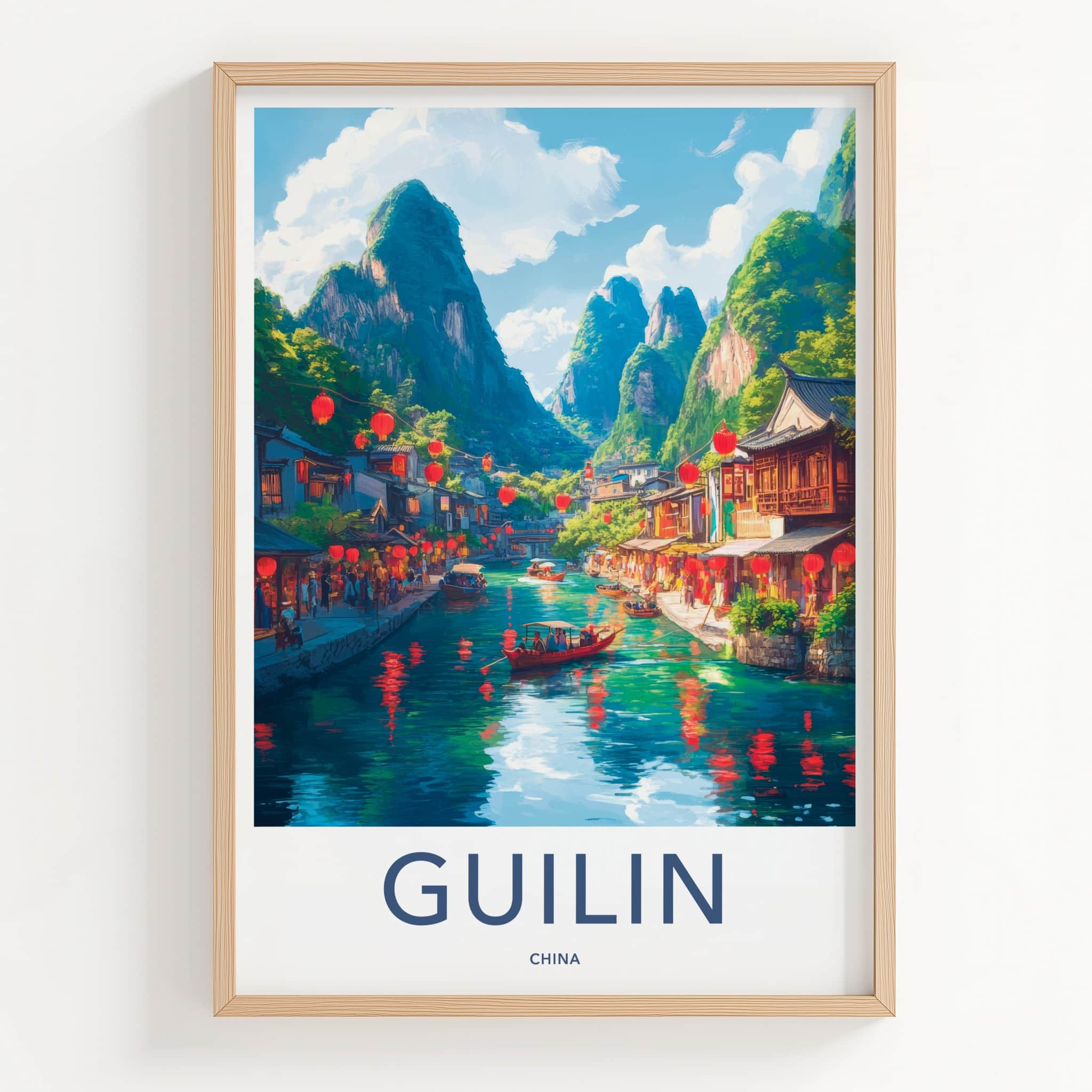 Guilin Poster - China Travel Art - Lanterns River Town Home Decor