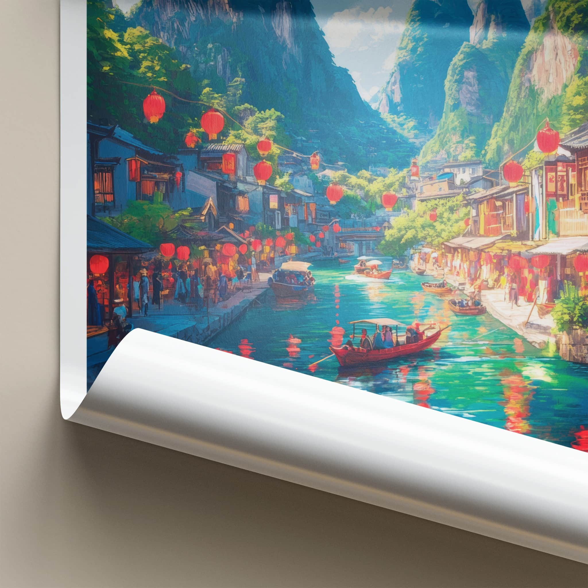 Guilin Poster - China Travel Art - Lanterns River Town Home Decor