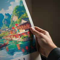 Guilin Poster - China Travel Art - Lanterns River Town Home Decor