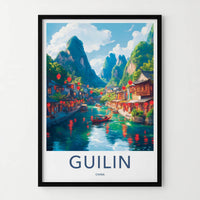 Guilin Poster - China Travel Art - Lanterns River Town Home Decor