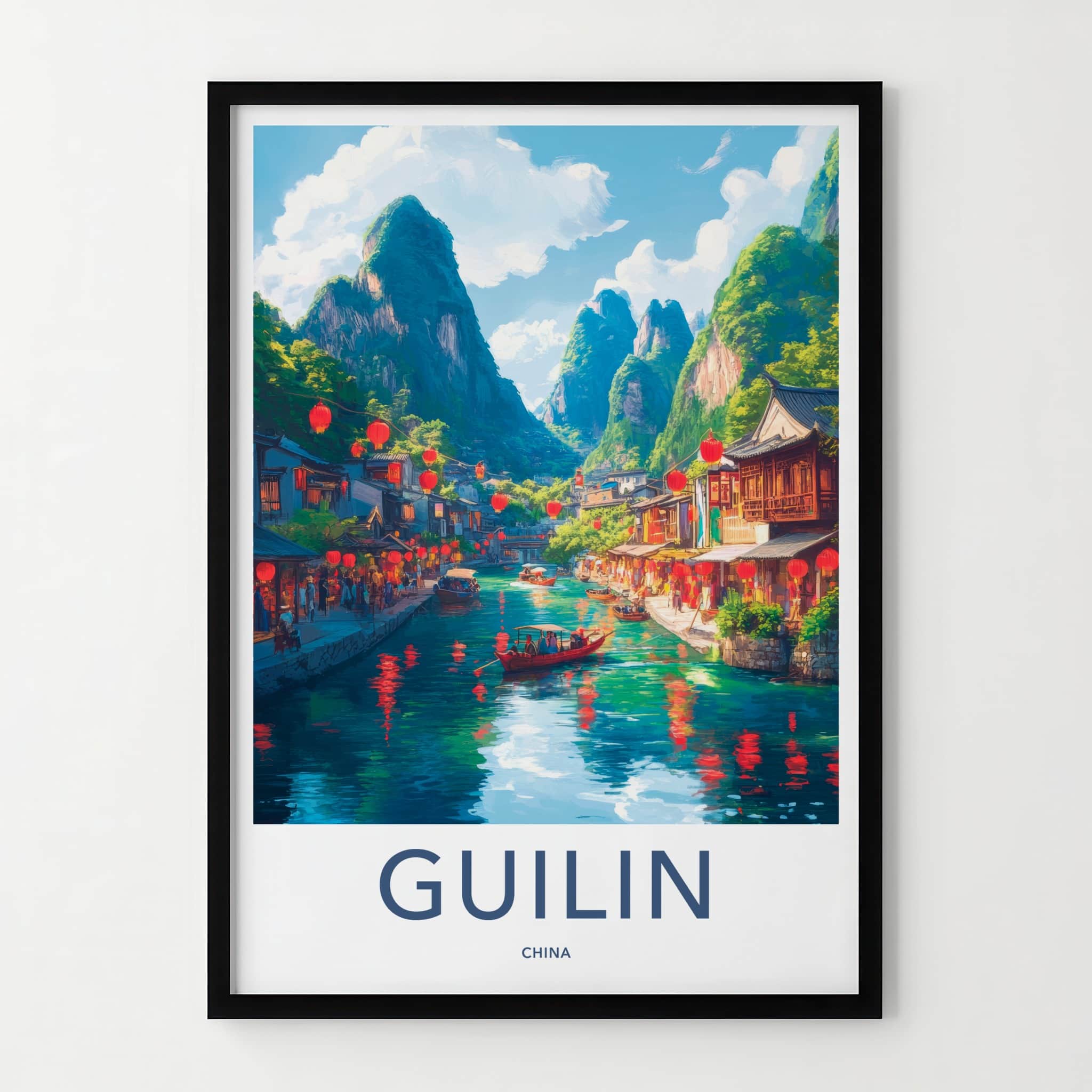 Guilin Poster - China Travel Art - Lanterns River Town Home Decor