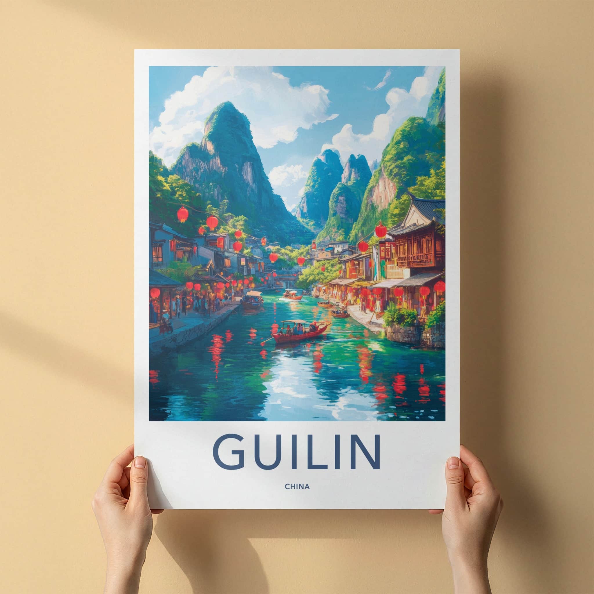Guilin Poster - China Travel Art - Lanterns River Town Home Decor