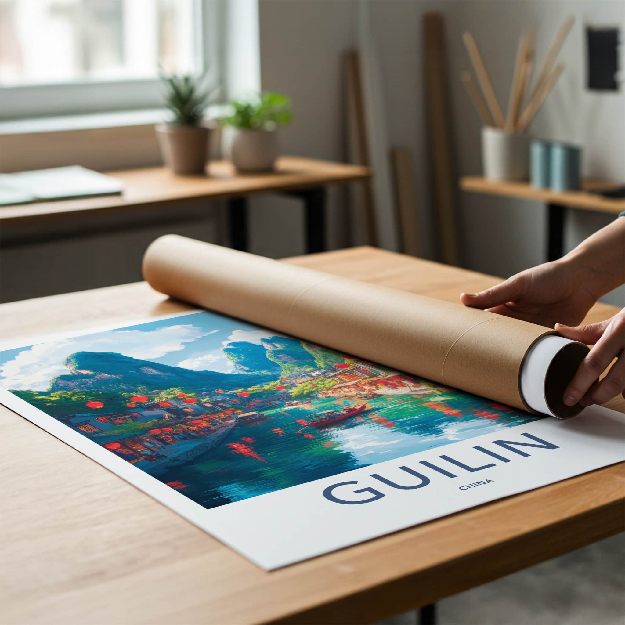 Guilin Poster - China Travel Art - Lanterns River Town Home Decor