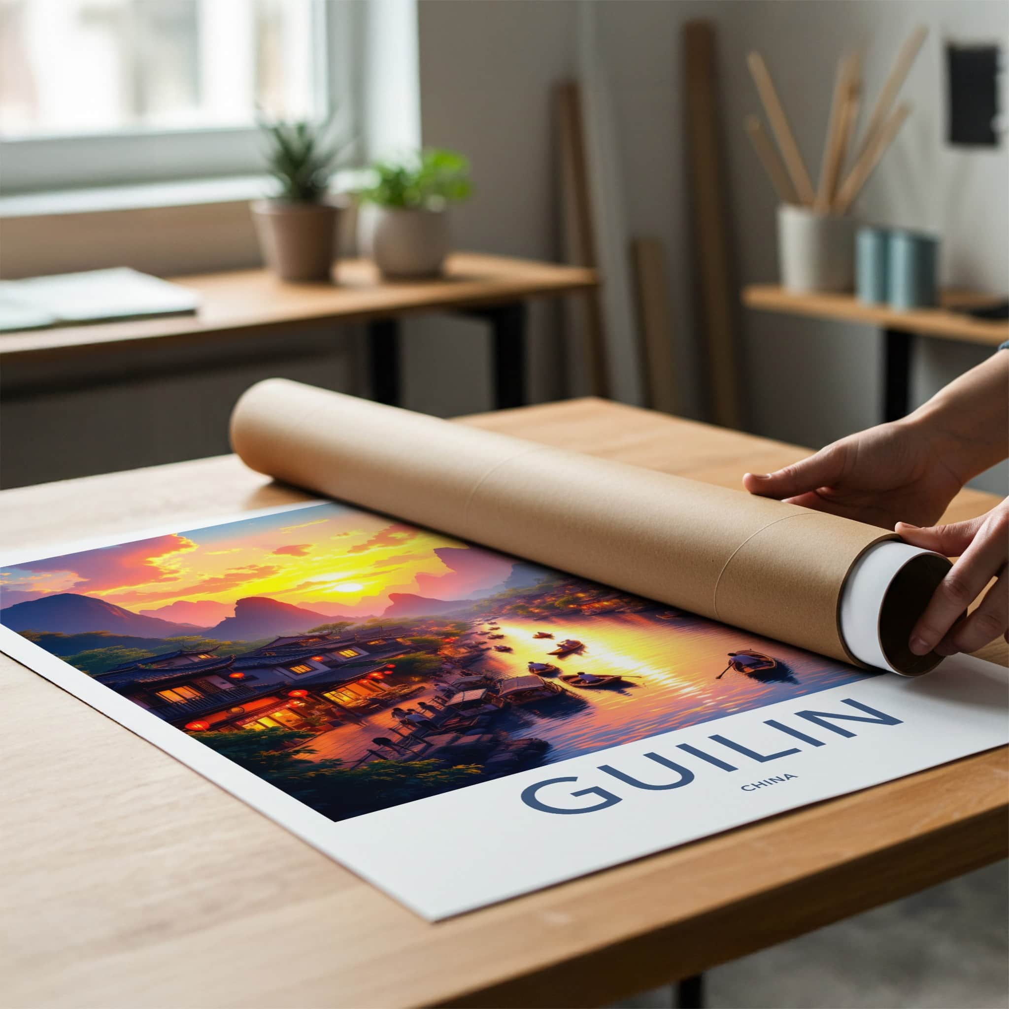 Guilin Poster - China Travel Art - Mountain River Sunset Home Decor