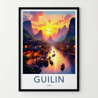 Guilin Poster - China Travel Art - Mountain River Sunset Home Decor