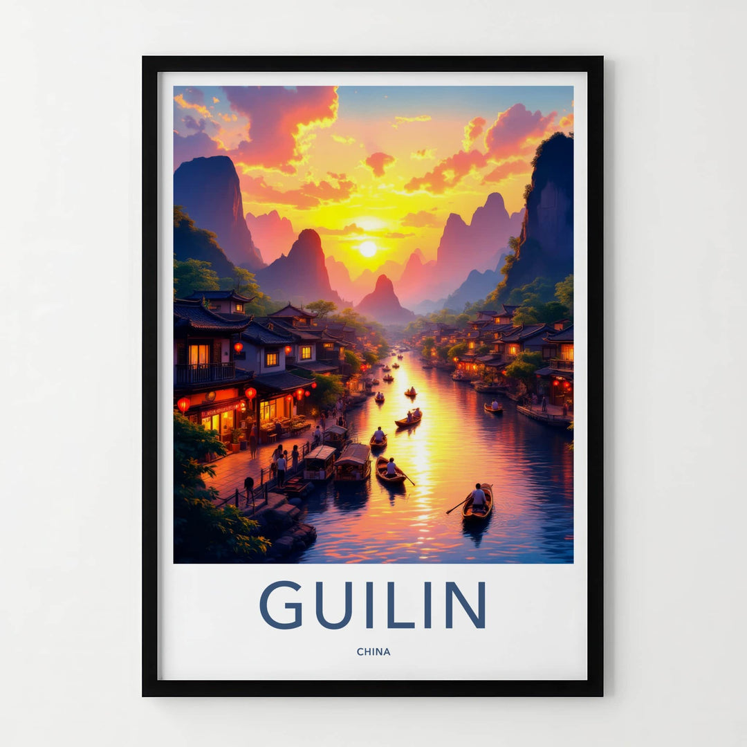 Guilin Poster - China Travel Art - Mountain River Sunset Home Decor