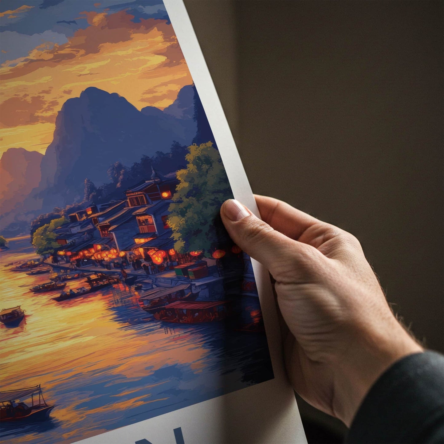 Guilin Poster - China Travel Art - River Mountain Sunset Home Decor