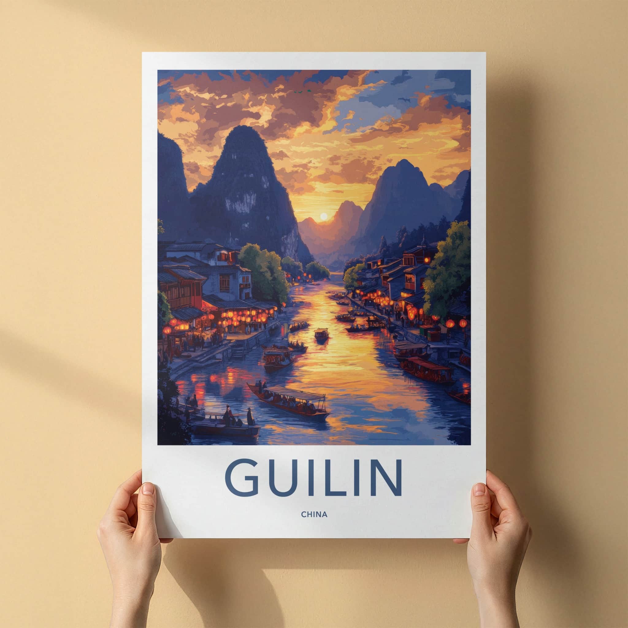 Guilin Poster - China Travel Art - River Mountain Sunset Home Decor