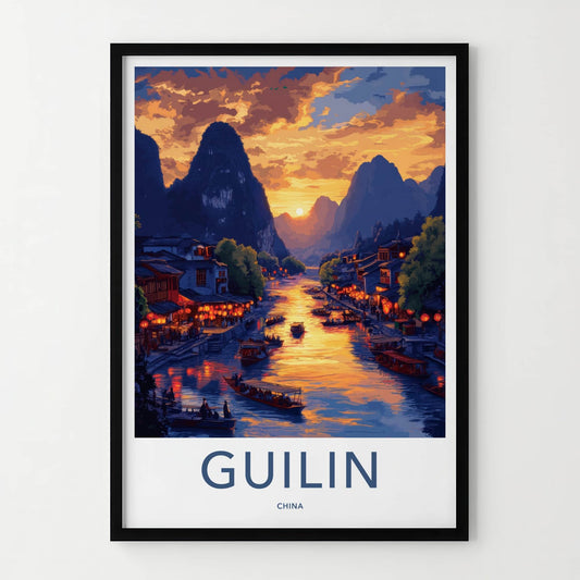 Guilin Poster - China Travel Art - River Mountain Sunset Home Decor