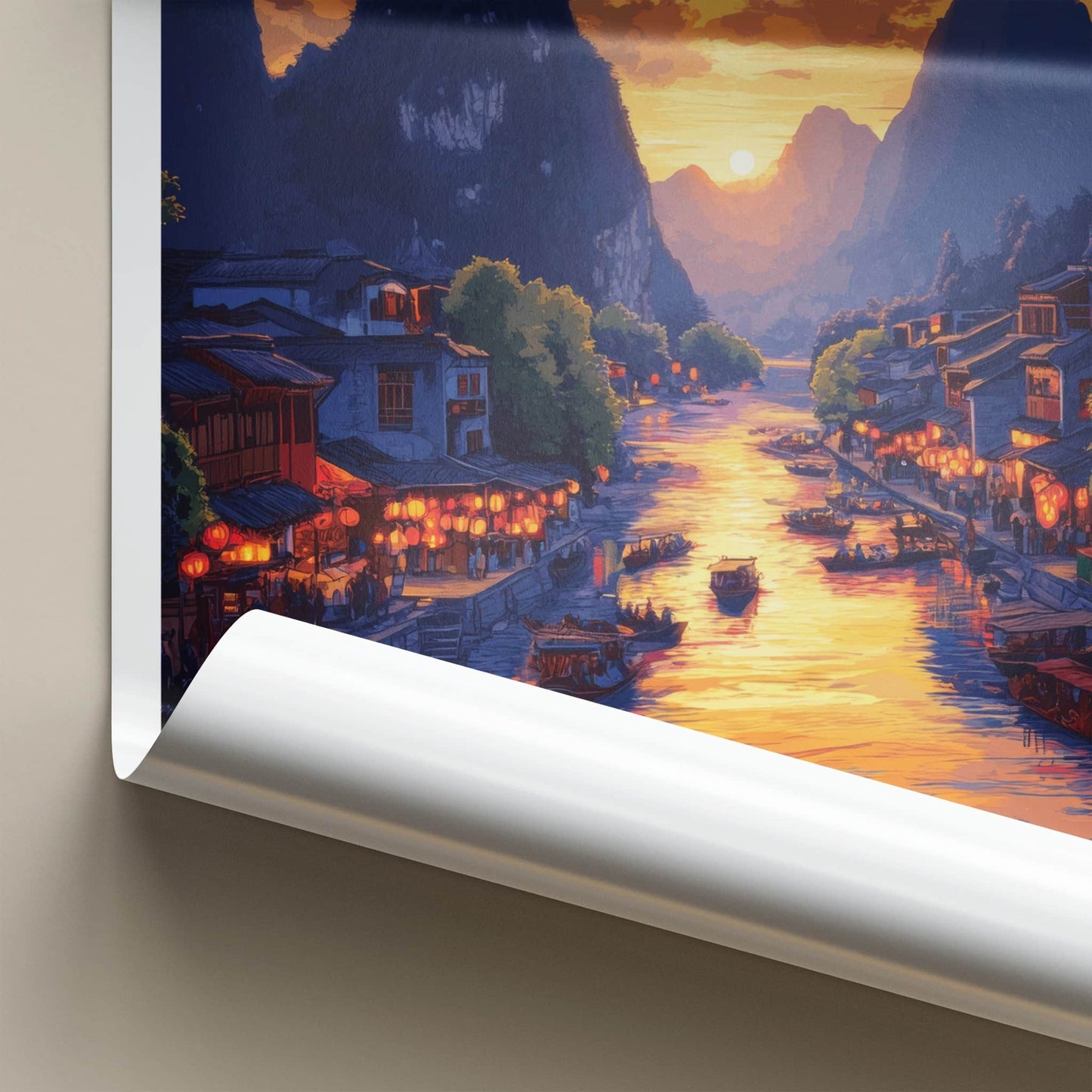 Guilin Poster - China Travel Art - River Mountain Sunset Home Decor